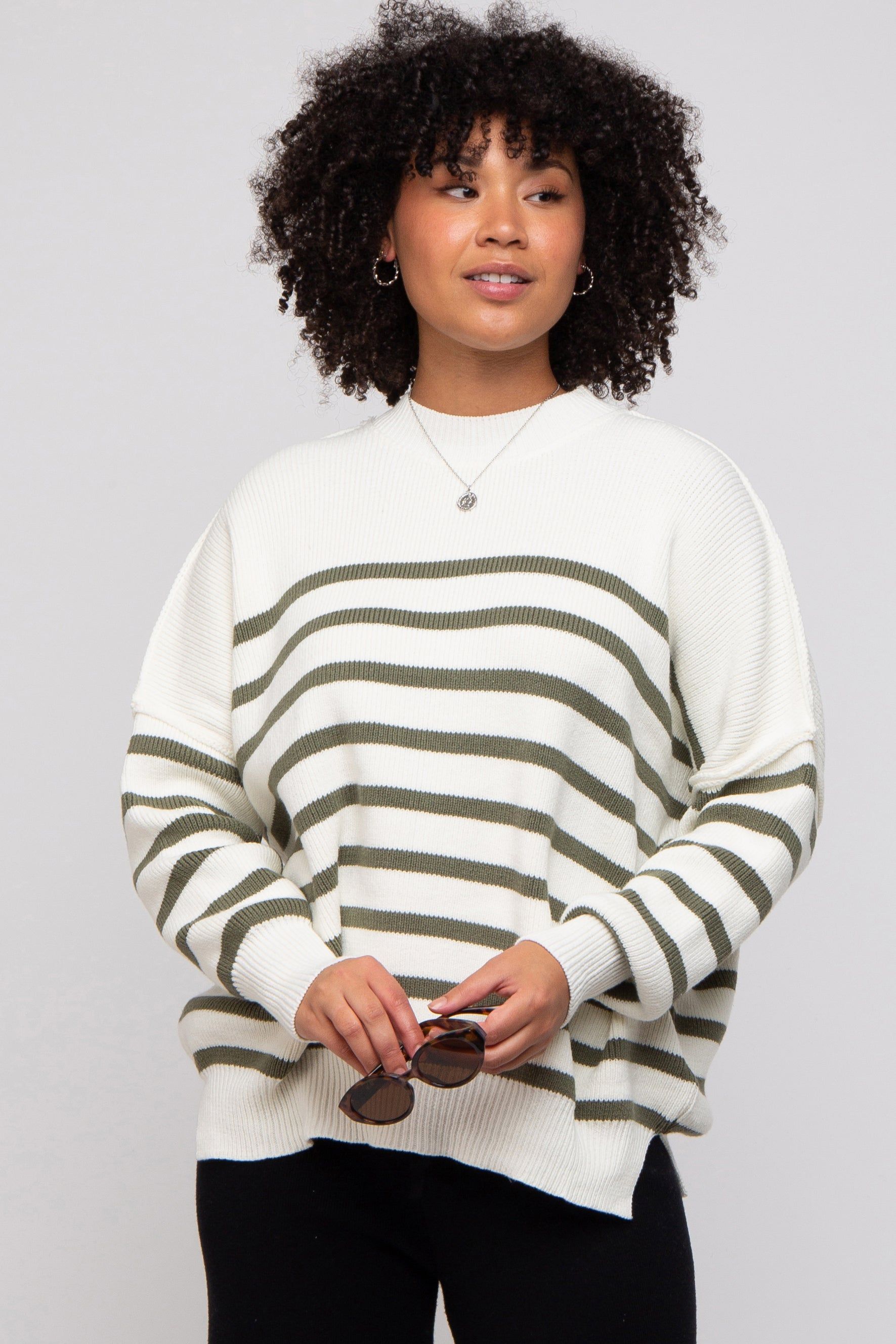 Olive Striped Drop Shoulder Sweater sold by Pinkblush