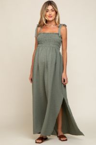 Olive Textured Smocked Shoulder Tie Maternity Maxi Dress sold by Pinkblush