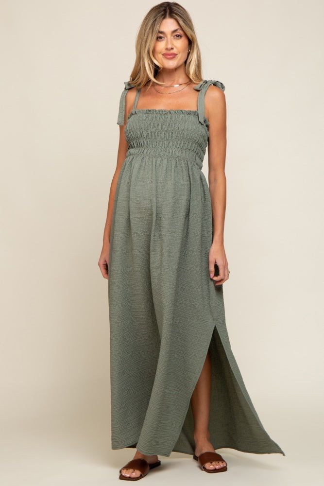 Olive Textured Smocked Shoulder Tie Maternity Maxi Dress sold by Pinkblush product image thumbnail 4