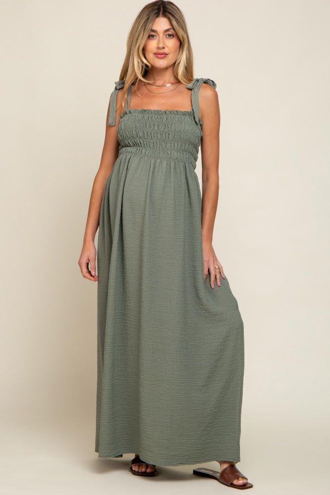 Olive Textured Smocked Shoulder Tie Maternity Maxi Dress sold by Pinkblush