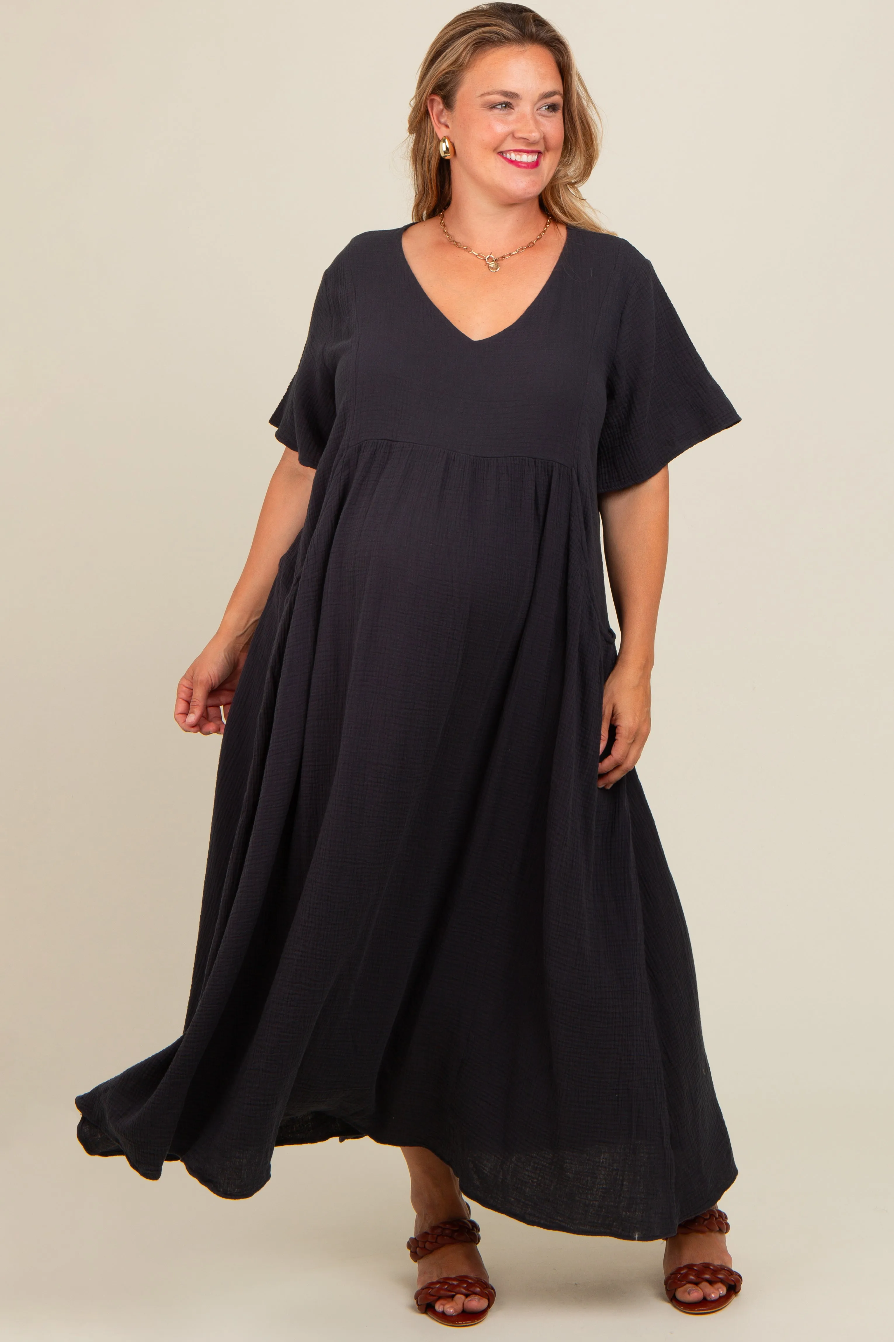 Charcoal Gauze Short Sleeve Maternity Plus Midi Dress sold by Pinkblush