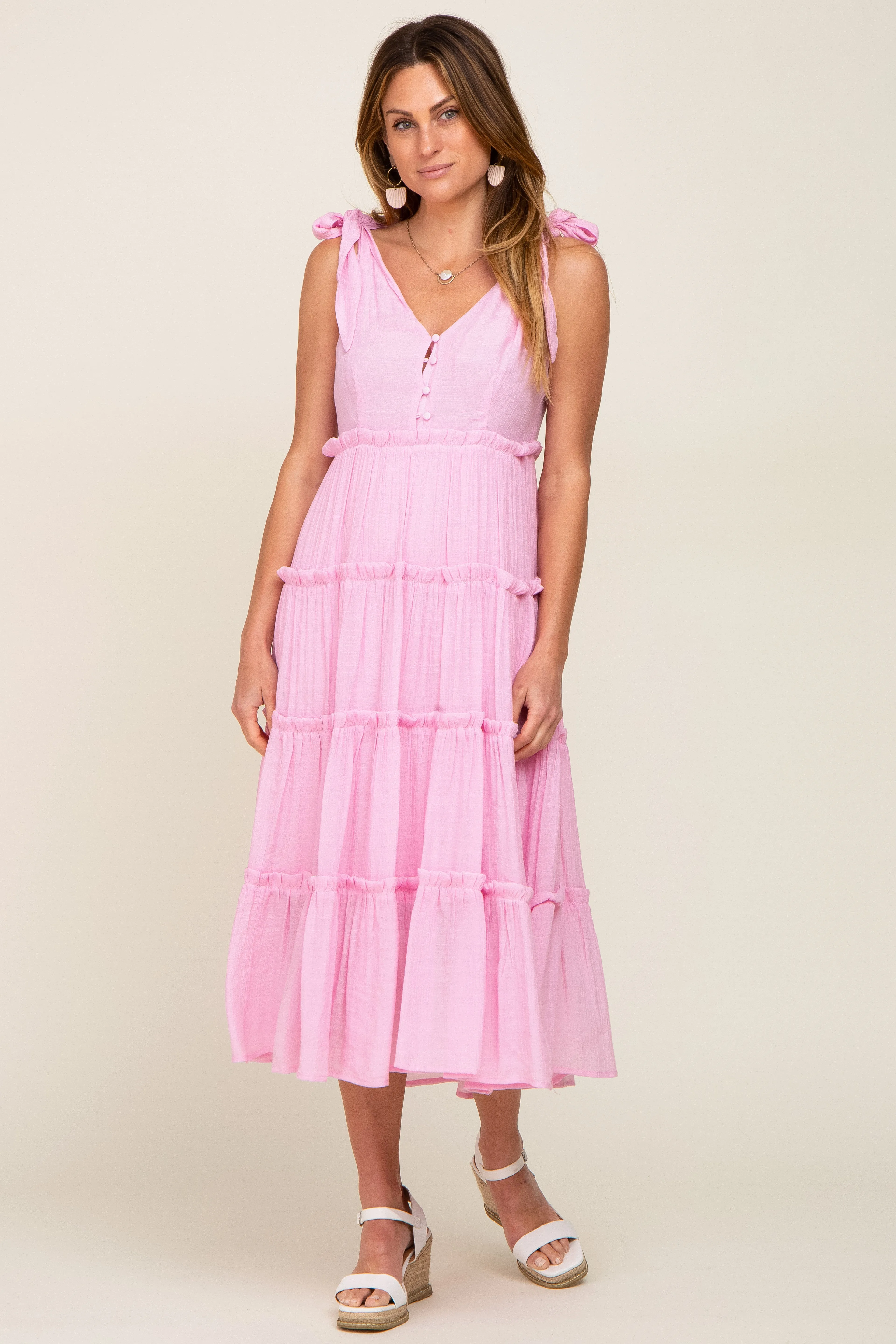 Pink Linen Button Front Shoulder Tie Tiered Midi Dress sold by Pinkblush product image thumbnail 4