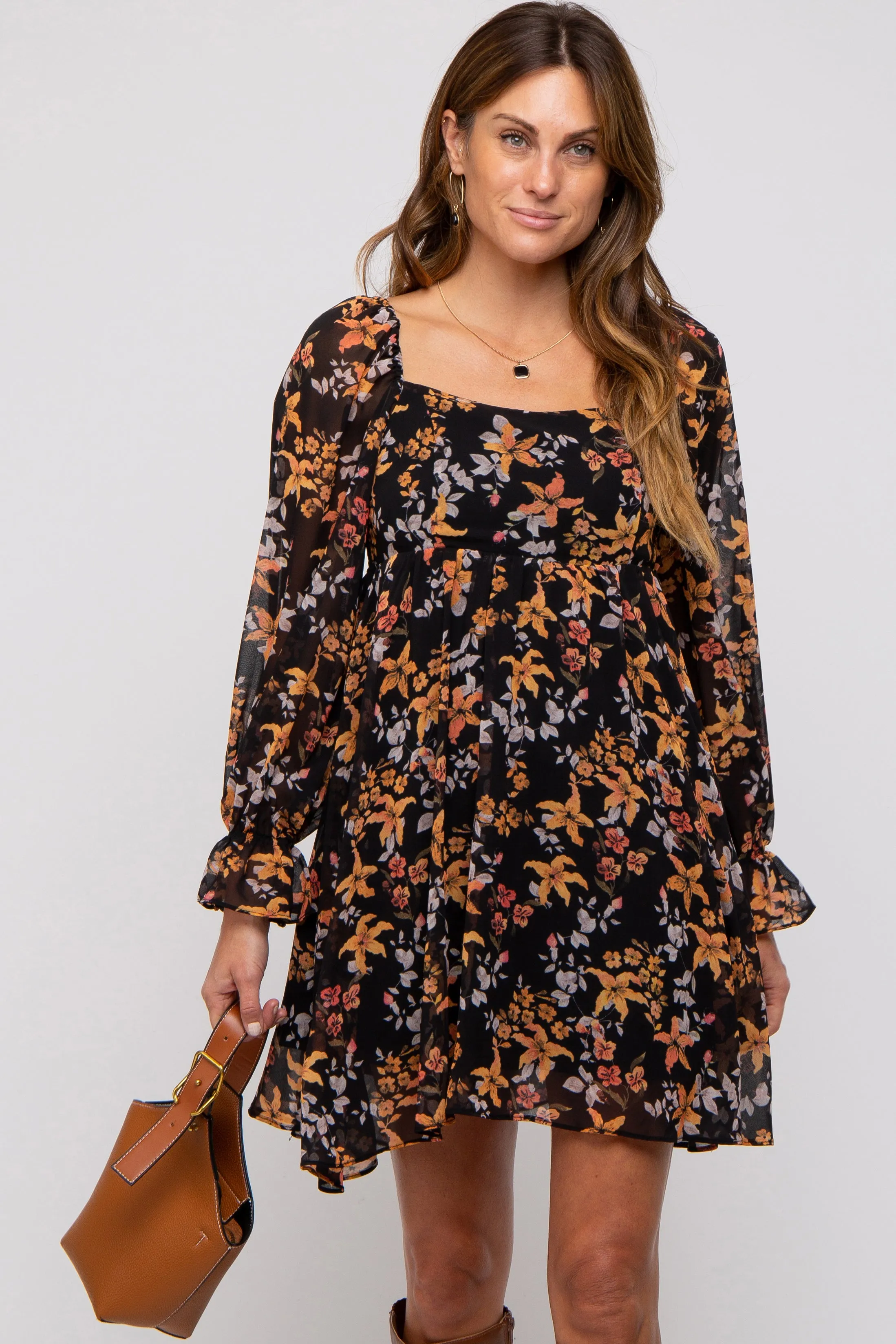 Black Floral Chiffon Square Neck Maternity Dress sold by Pinkblush product image thumbnail 3