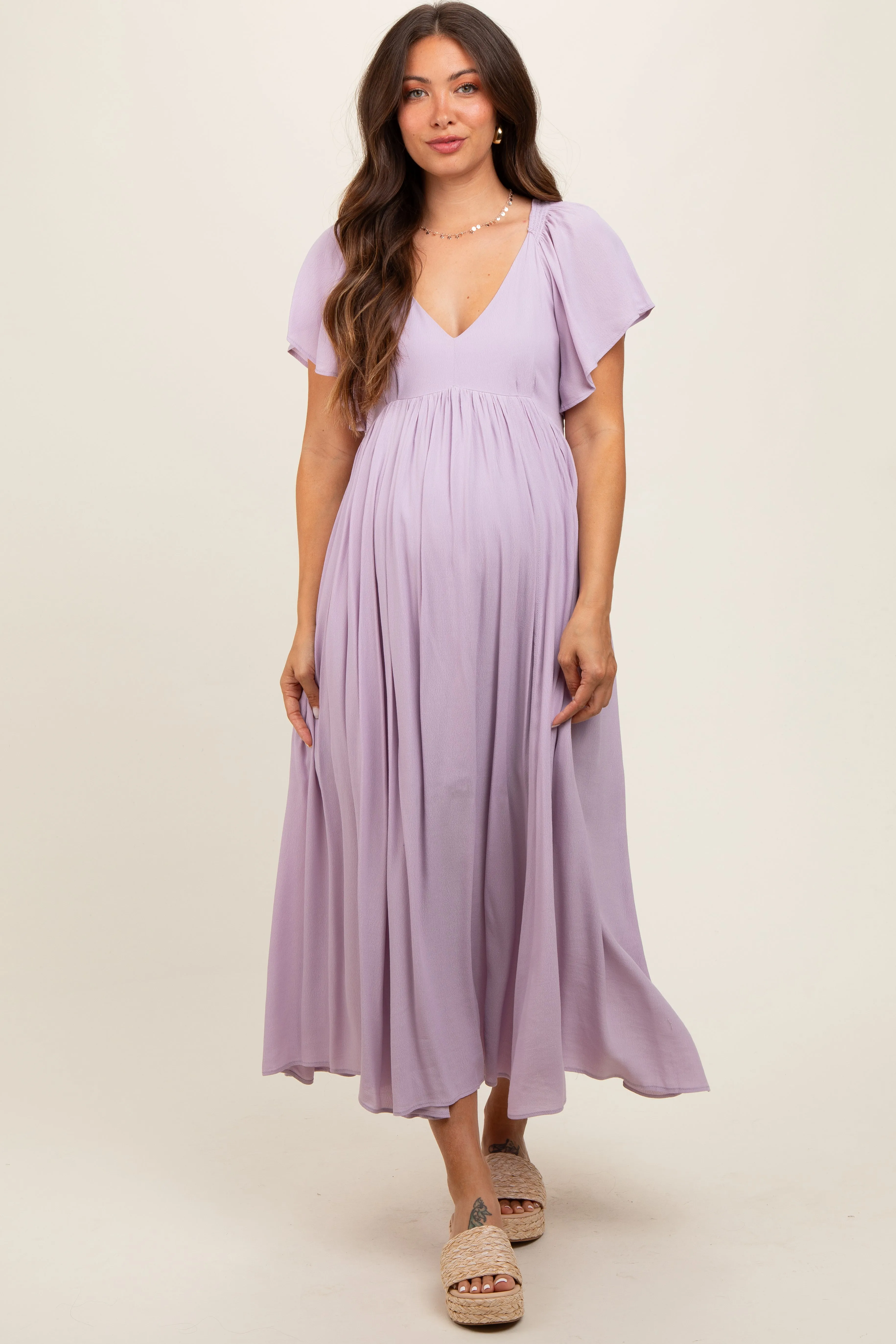 Lavender V-Neck Flutter Short Sleeve Maternity Midi Dress sold by Pinkblush product image thumbnail 2