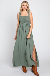 Olive Textured Smocked Shoulder Tie Maternity Maxi Dress sold by Pinkblush