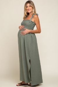 Olive Textured Smocked Shoulder Tie Maternity Maxi Dress sold by Pinkblush