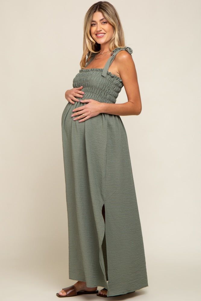 Olive Textured Smocked Shoulder Tie Maternity Maxi Dress sold by Pinkblush product image thumbnail 2