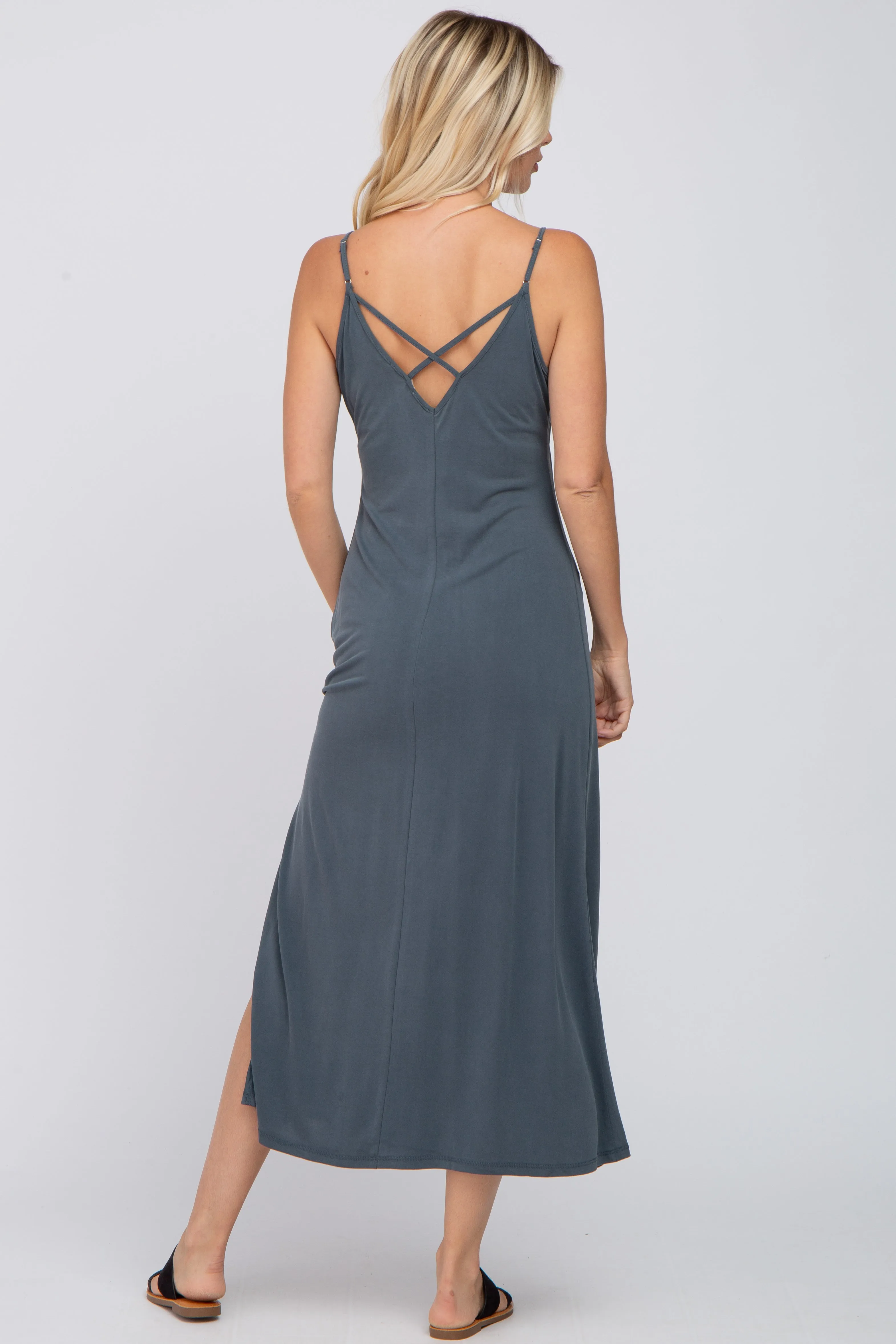 Charcoal V-Neck Criss Cross Back Side Slit Midi Dress sold by Pinkblush product image thumbnail 3