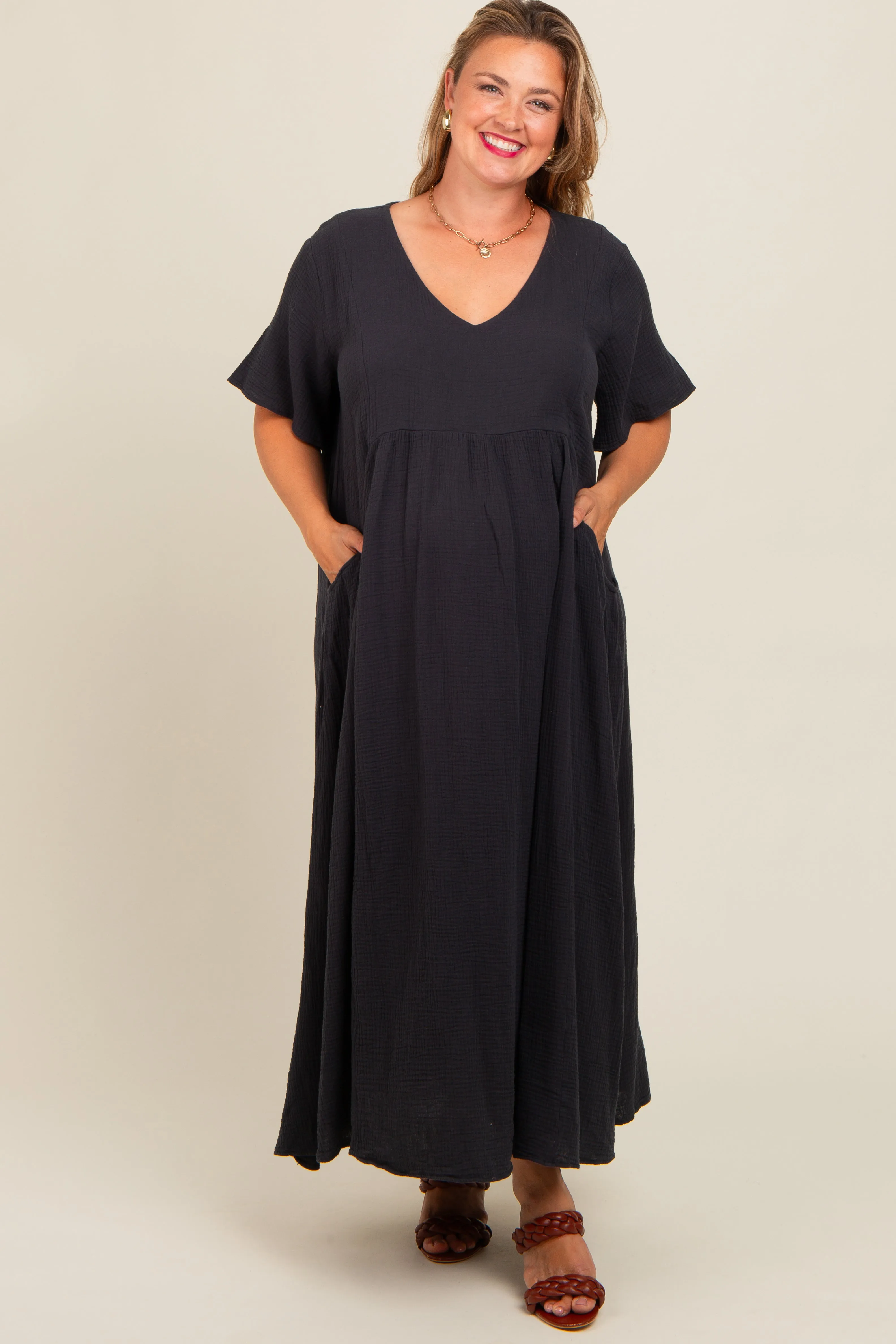 Charcoal Gauze Short Sleeve Maternity Plus Midi Dress sold by Pinkblush product image thumbnail 2