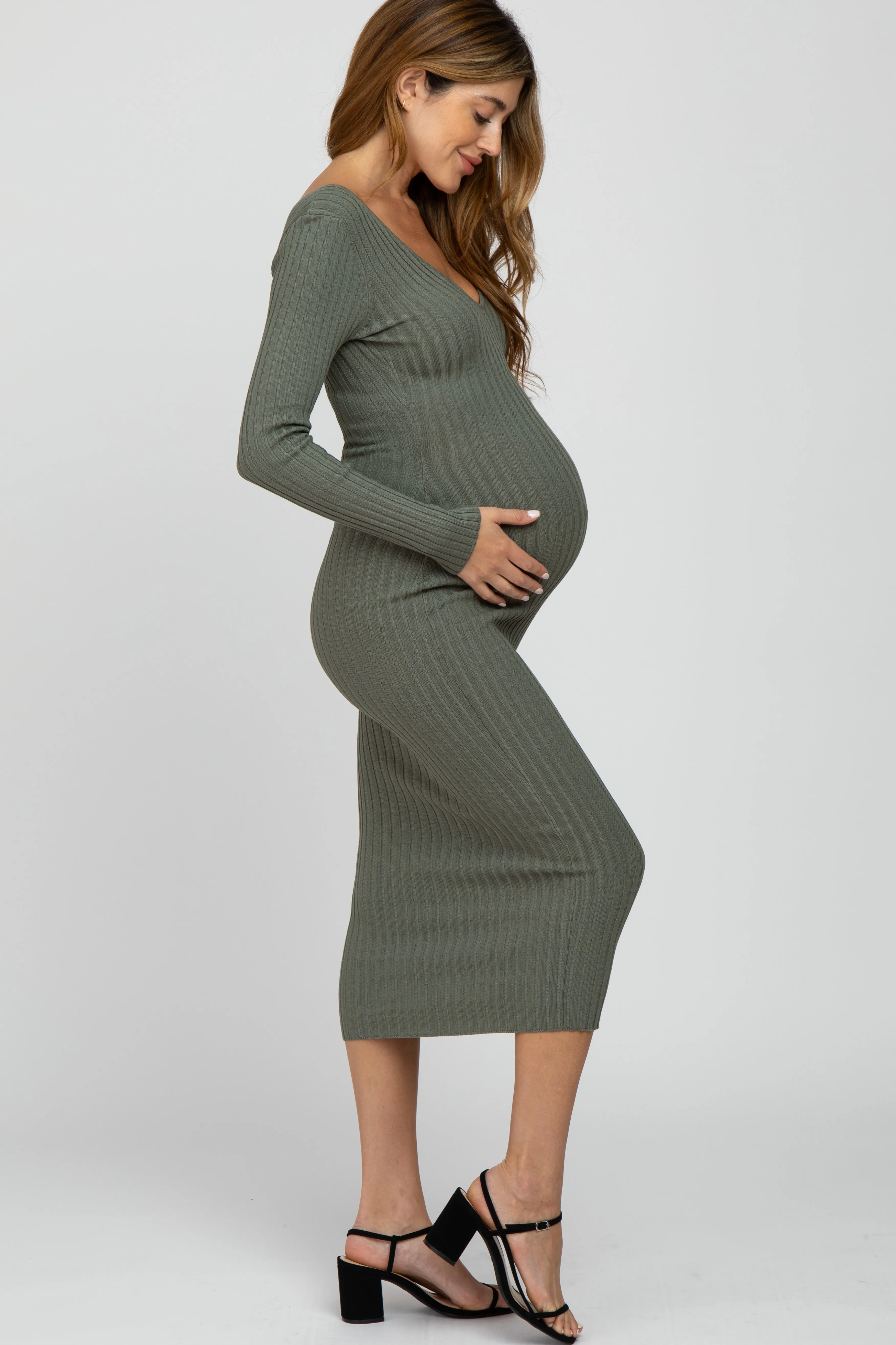 Light Olive V-Neck Long Sleeve Fitted Maternity Maxi Dress sold by Pinkblush product image thumbnail 2