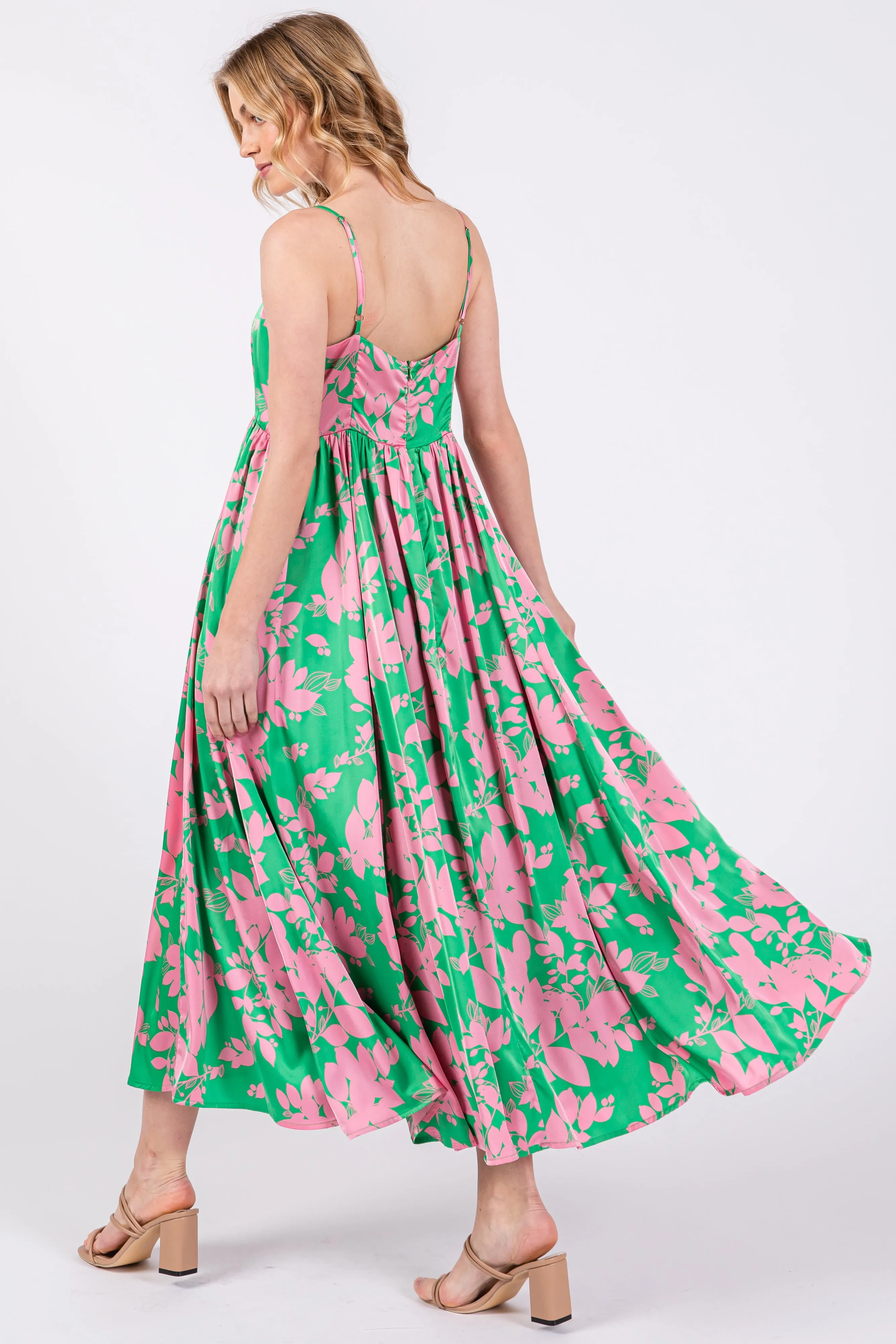 Pink Leaf Print Satin Square Neck Midi Dress sold by Pinkblush product image thumbnail 3