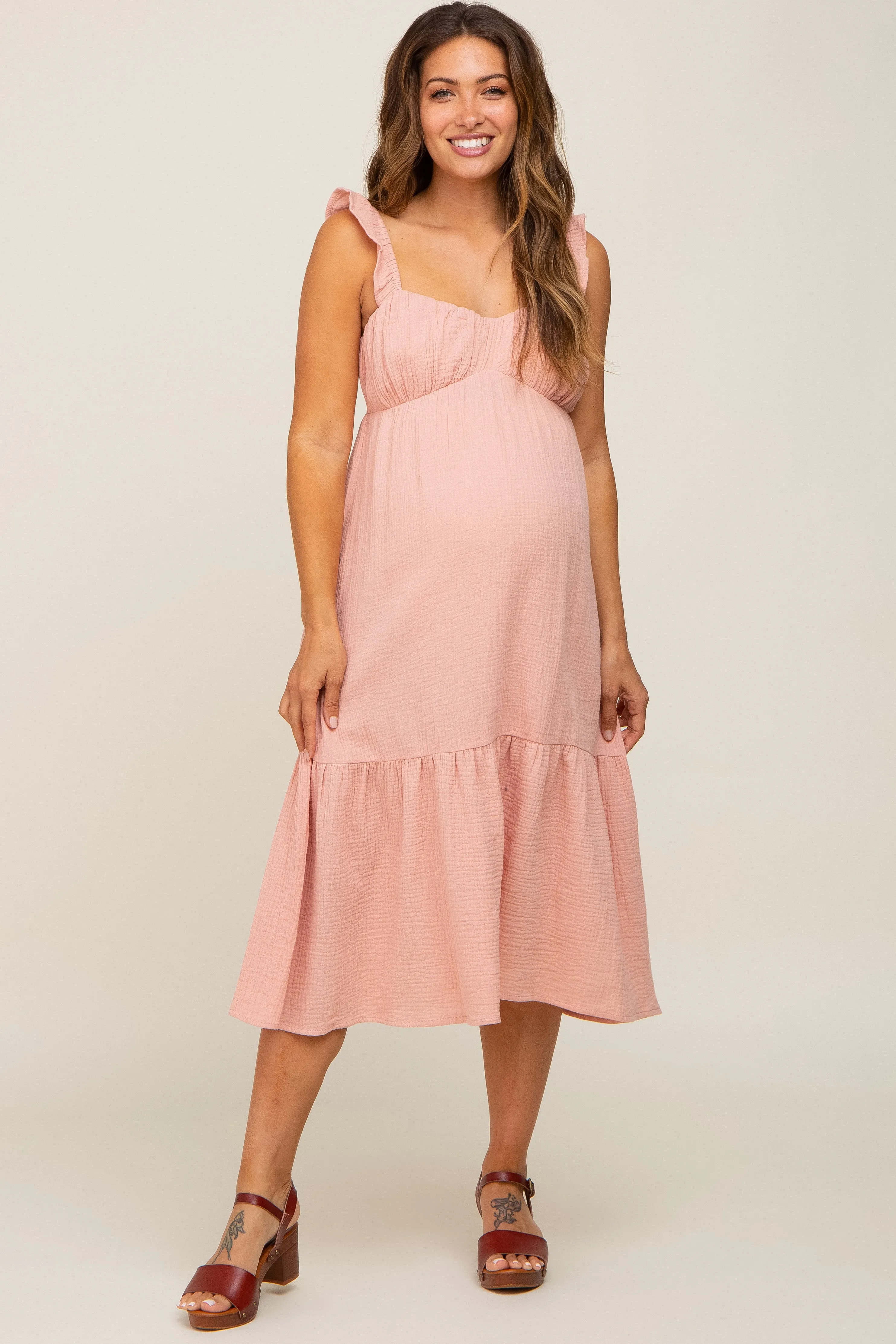 Light Pink Gauze Ruffle Maternity Midi Dress sold by Pinkblush product image thumbnail 4
