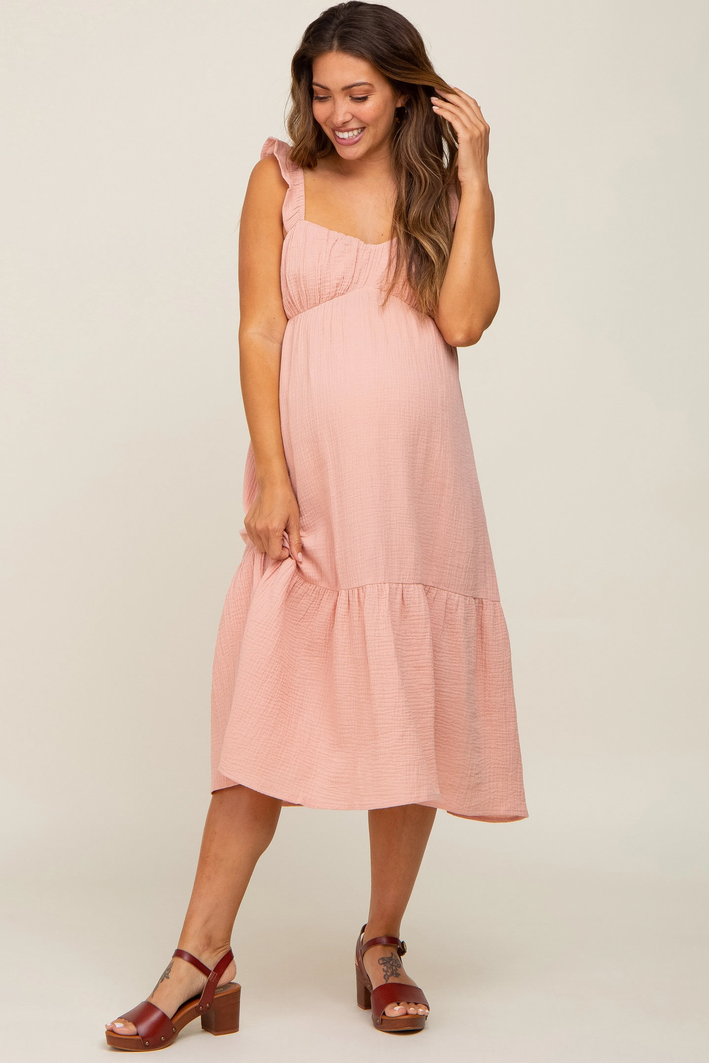 Light Pink Gauze Ruffle Maternity Midi Dress sold by Pinkblush