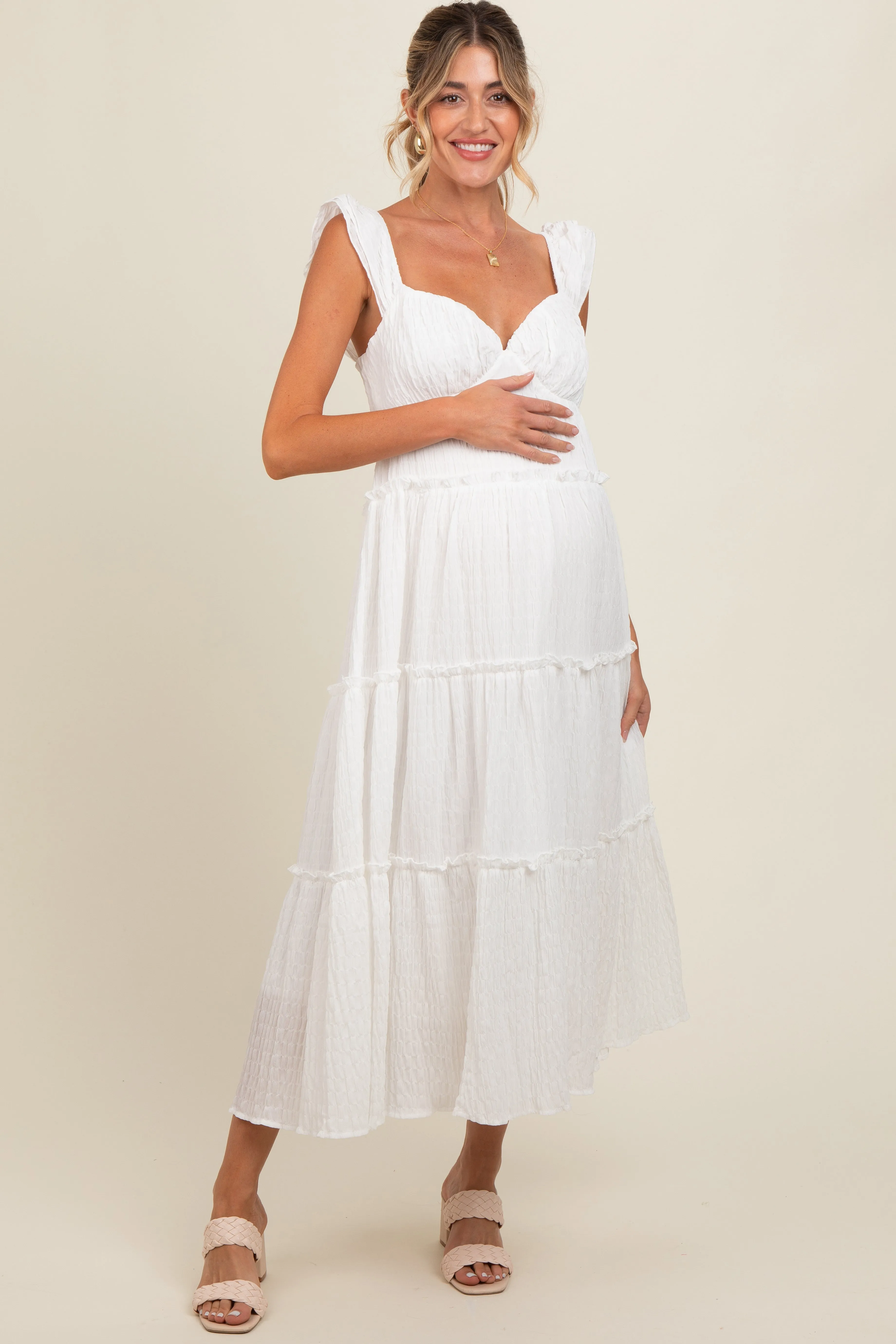 White Textured Tiered Maternity Midi Dress sold by Pinkblush