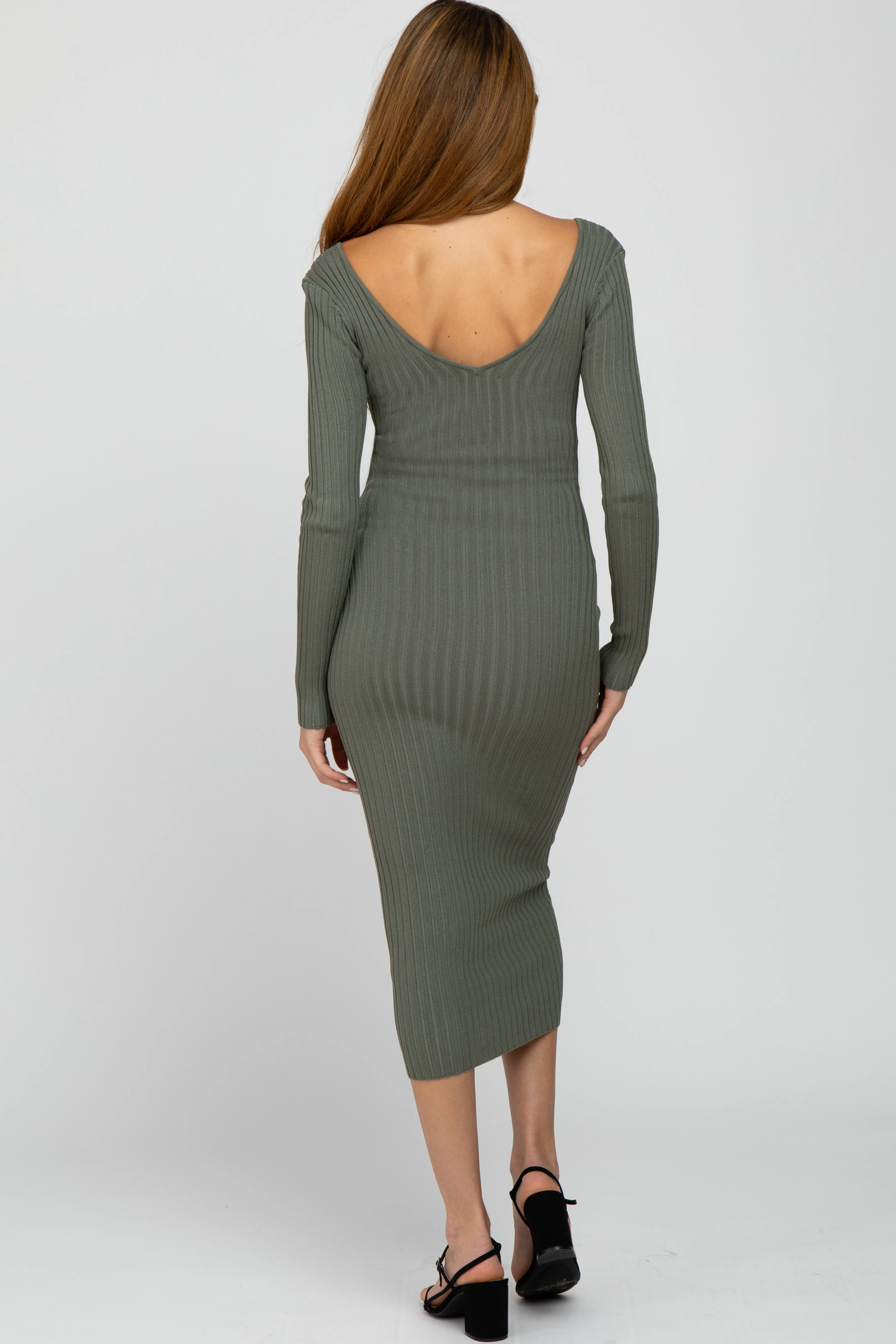 Light Olive V-Neck Long Sleeve Fitted Maternity Maxi Dress sold by Pinkblush product image thumbnail 3