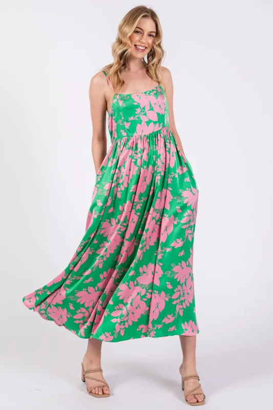 Pink Leaf Print Satin Square Neck Midi Dress sold by Pinkblush