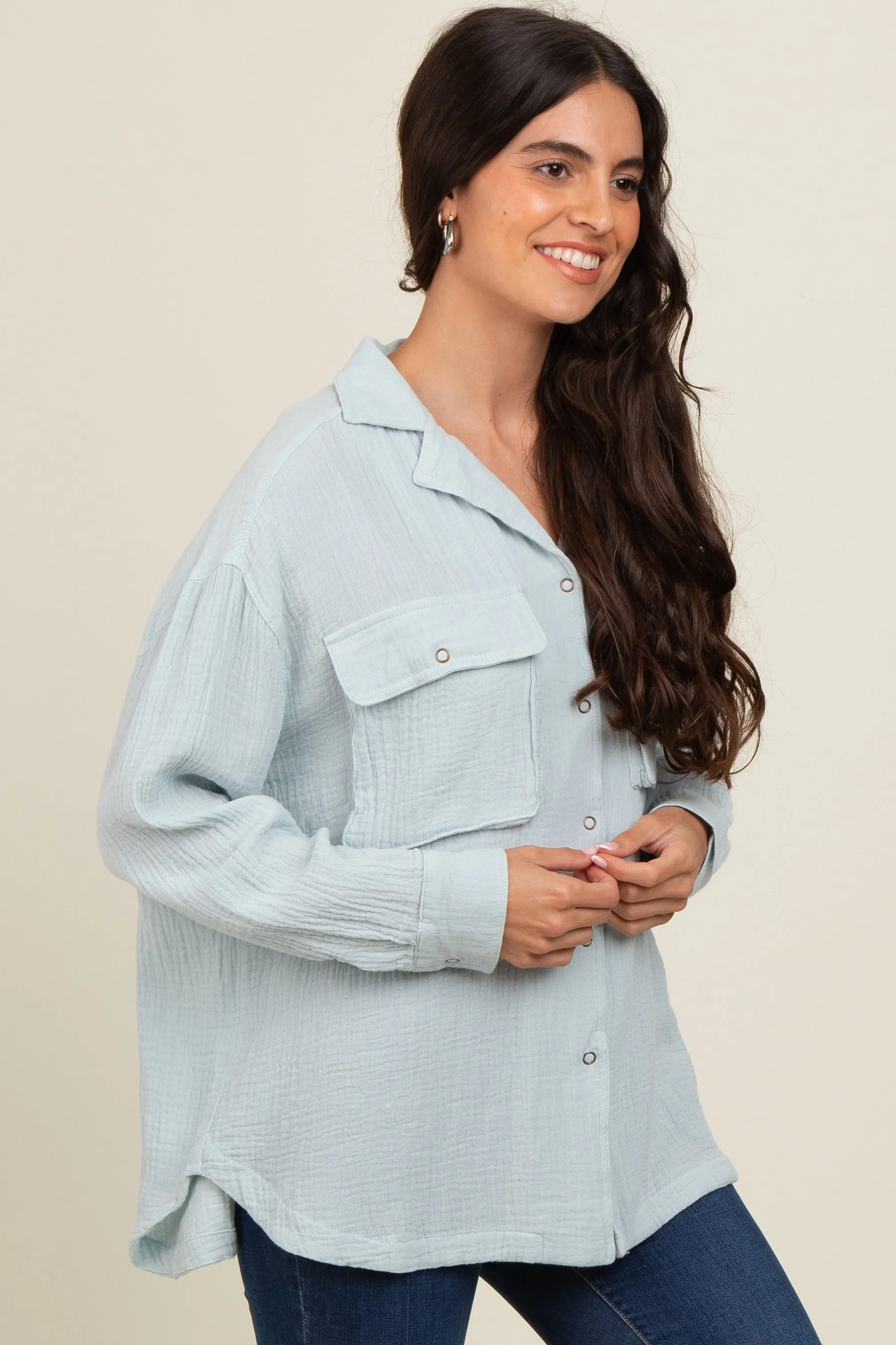 Light Blue Cotton Gauze Button Down Shirt sold by Pinkblush product image thumbnail 3