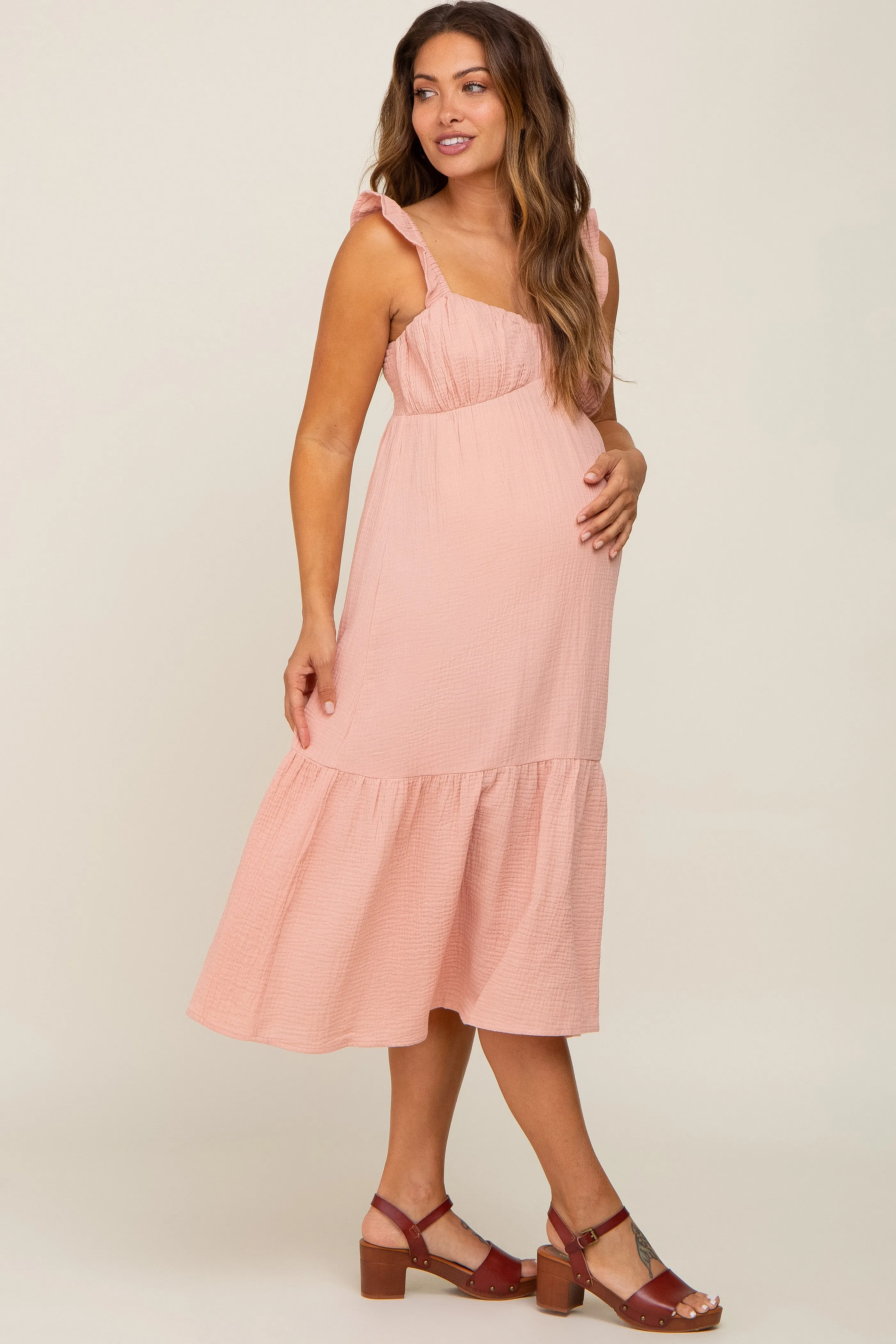 Light Pink Gauze Ruffle Maternity Midi Dress sold by Pinkblush product image thumbnail 2