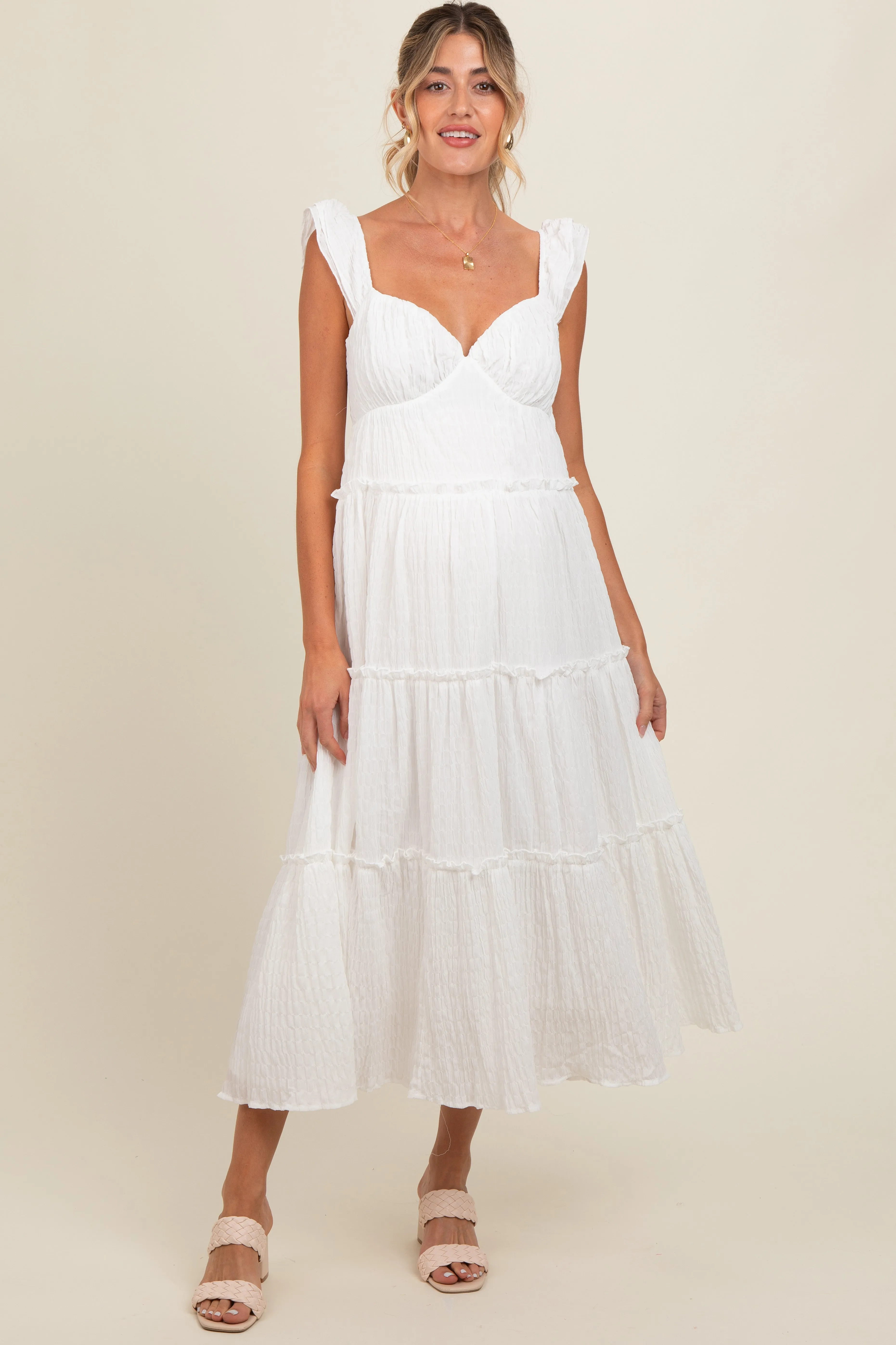 White Textured Tiered Maternity Midi Dress sold by Pinkblush product image thumbnail 2