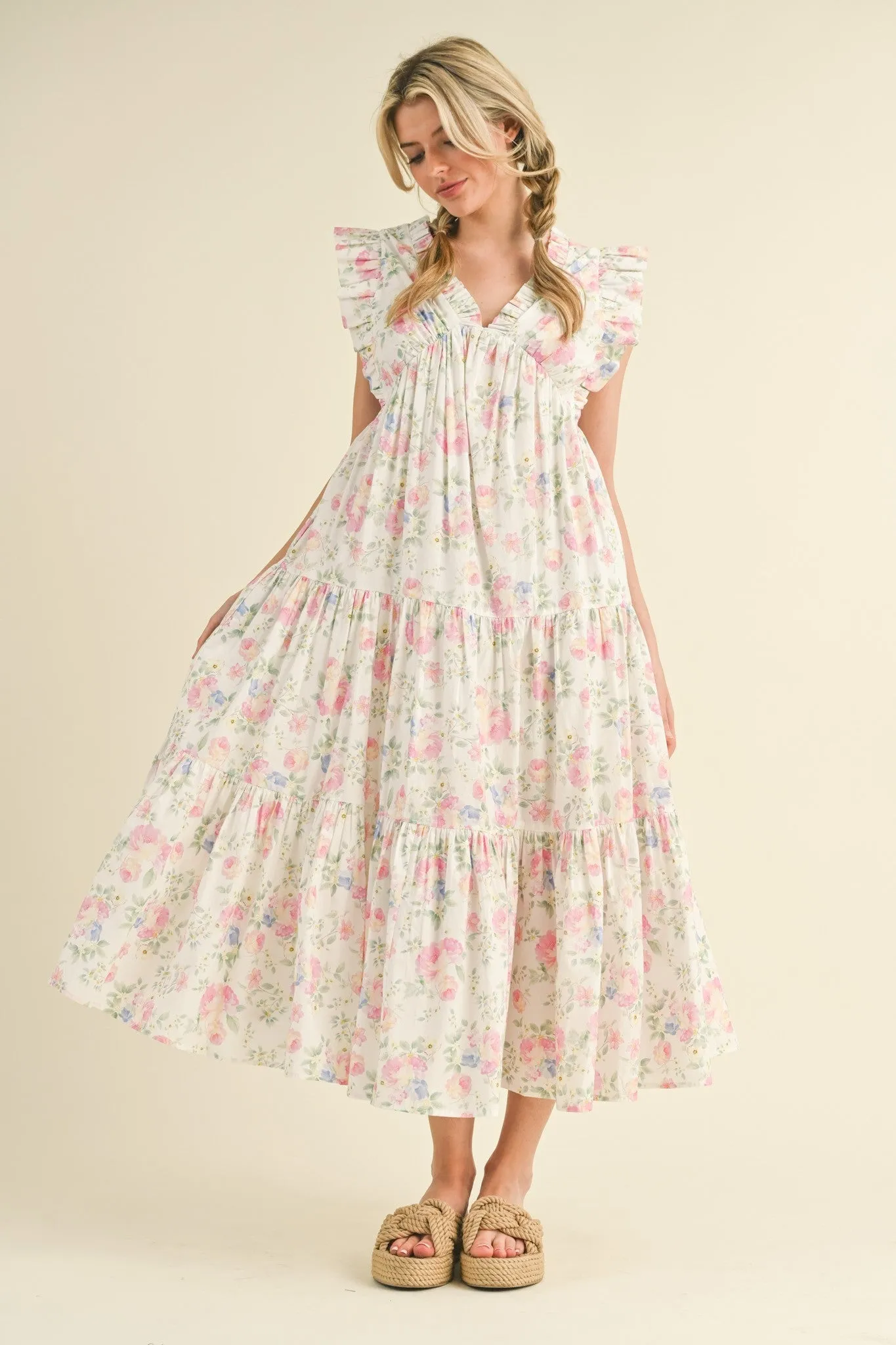 Ivory Pink Floral Ruffled Floral Midi Dress sold by Pinkblush