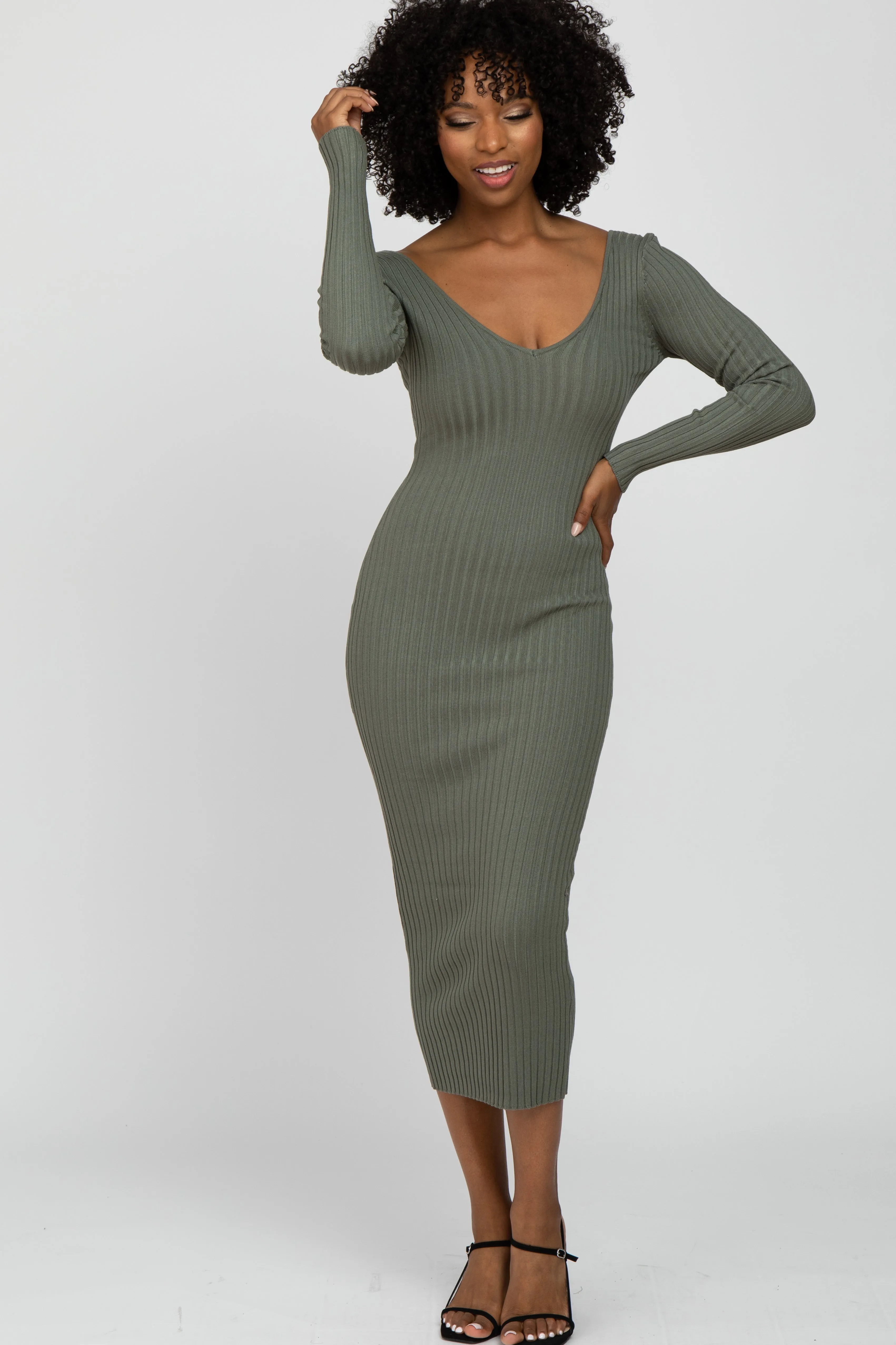 Light Olive V-Neck Long Sleeve Fitted Maternity Maxi Dress sold by Pinkblush product image thumbnail 4
