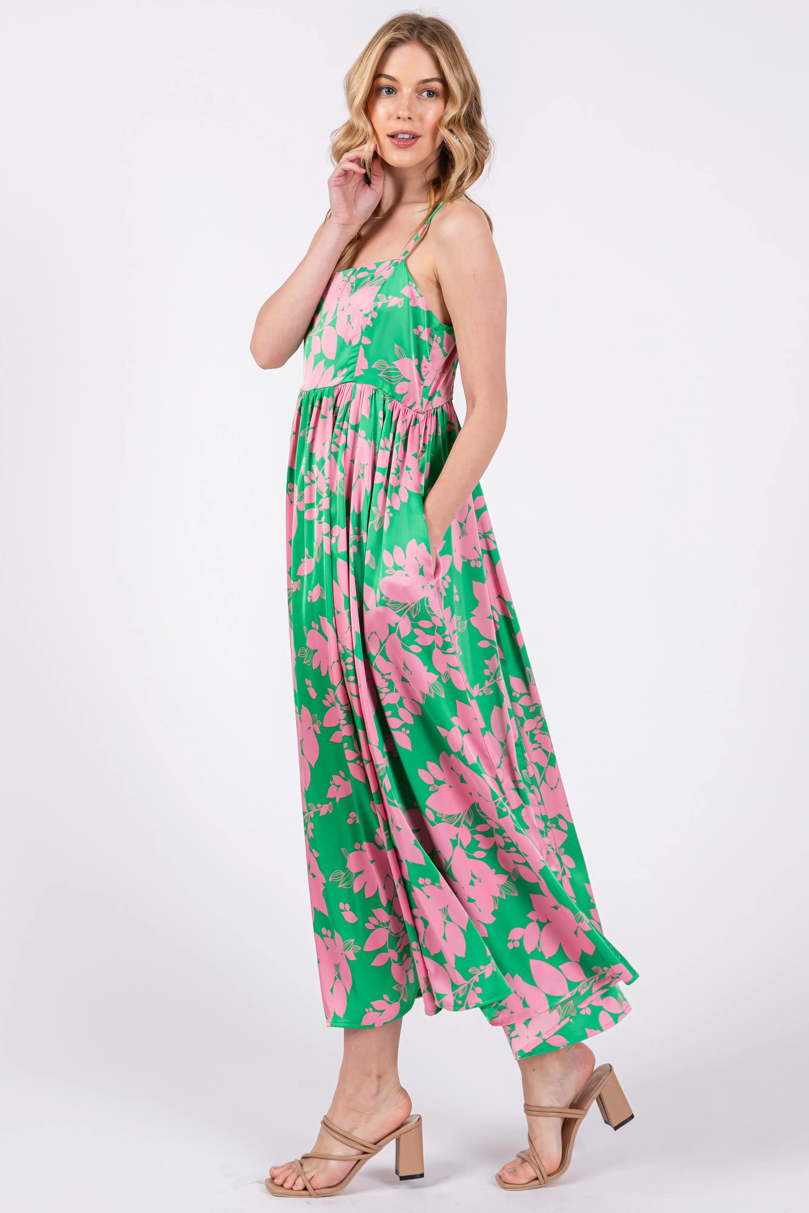 Pink Leaf Print Satin Square Neck Midi Dress sold by Pinkblush product image thumbnail 2