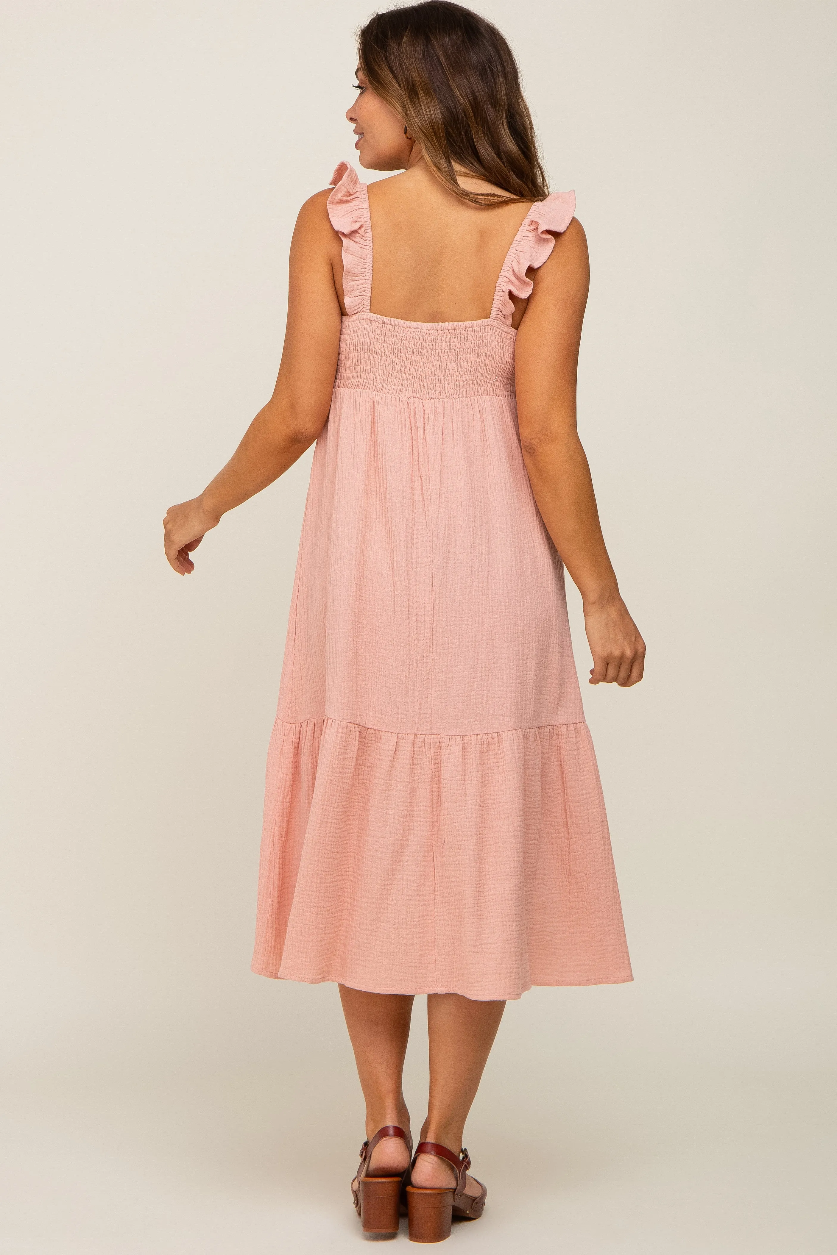 Light Pink Gauze Ruffle Maternity Midi Dress sold by Pinkblush product image thumbnail 3