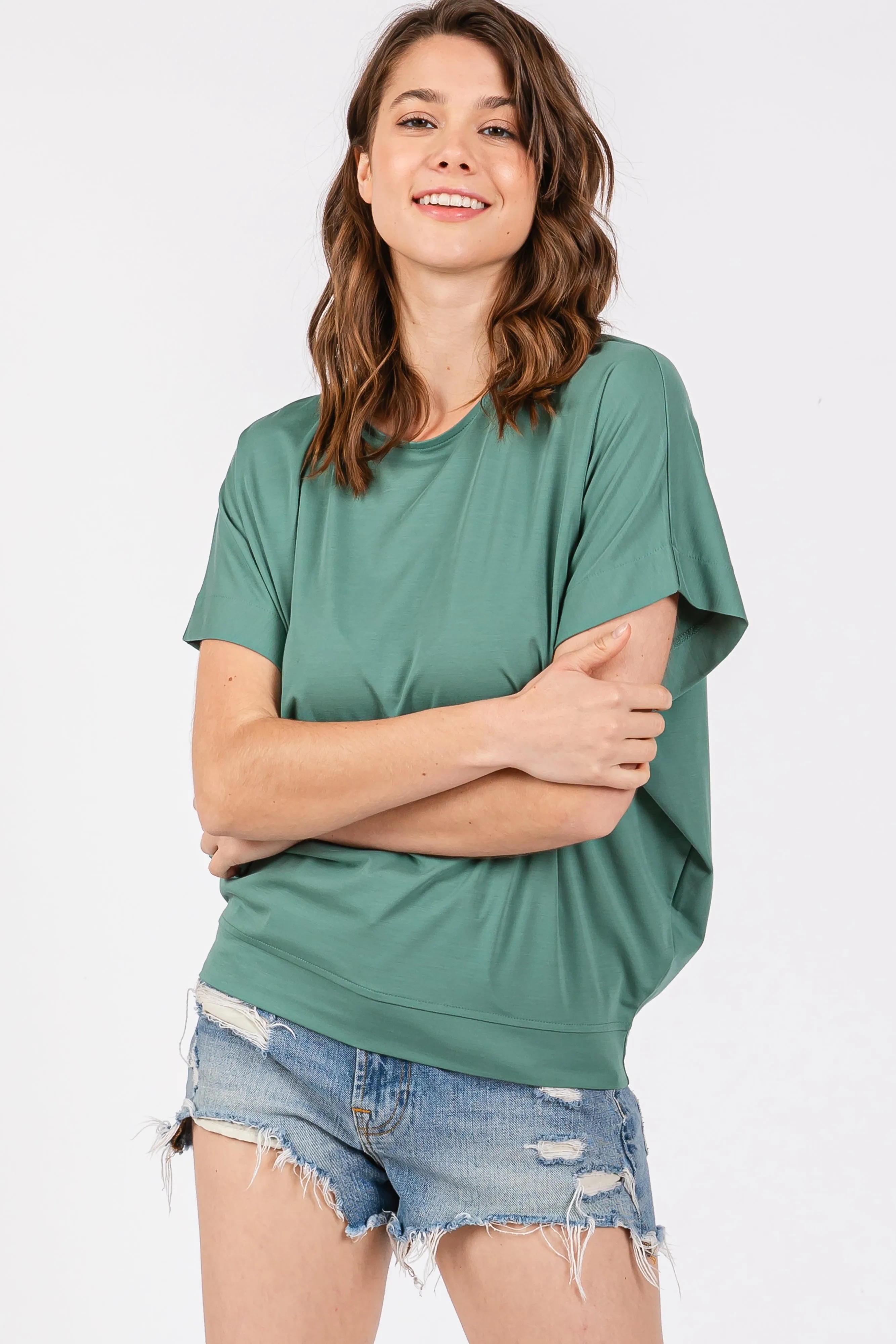 Green Round Neck Dolman Sleeve Top sold by Pinkblush