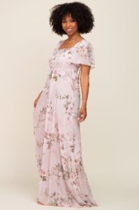 Light Pink Floral Chiffon Smocked Short Sleeve Maxi Dress sold by Pinkblush