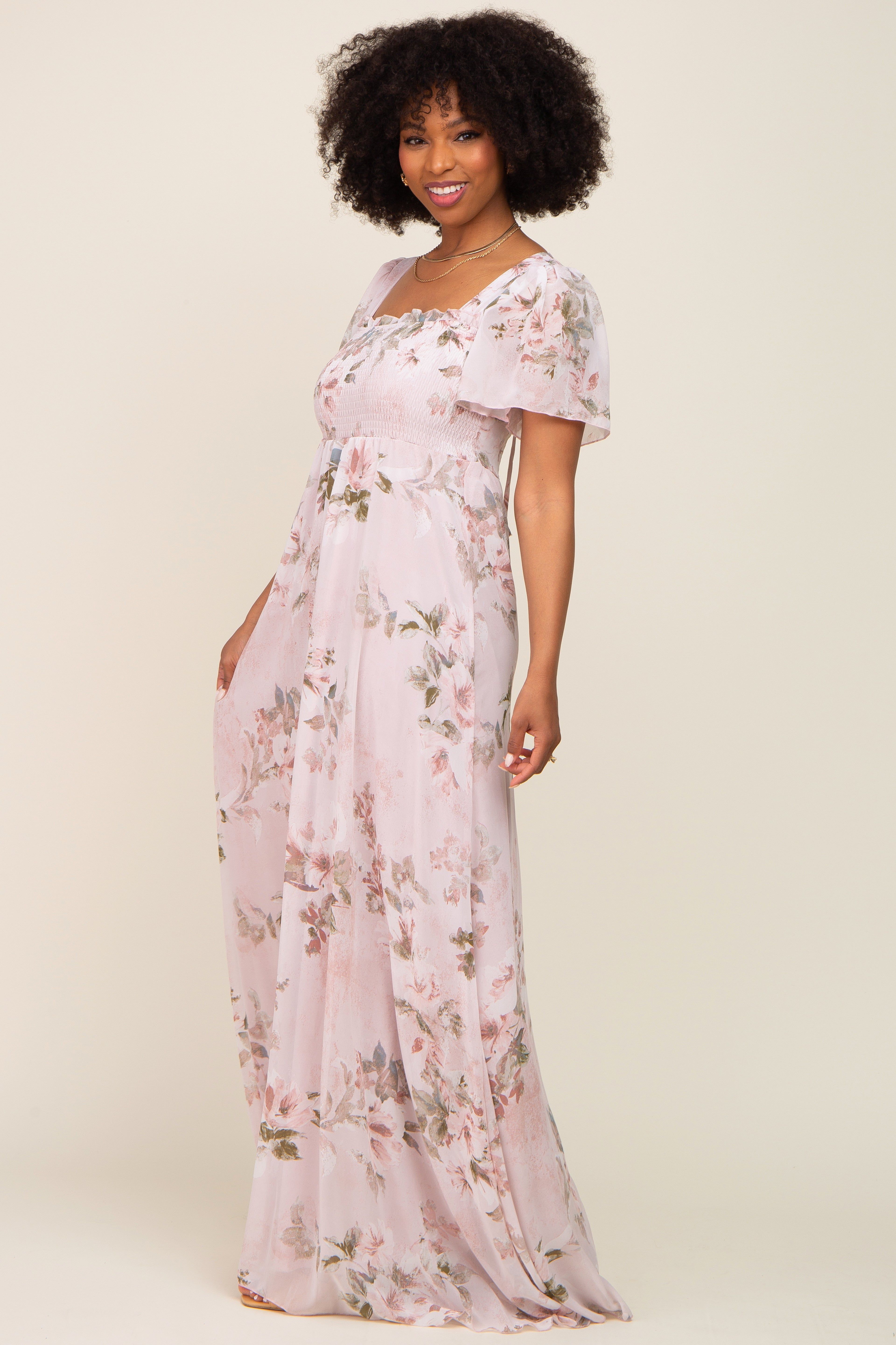 Light Pink Floral Chiffon Smocked Short Sleeve Maxi Dress sold by Pinkblush product image thumbnail 2