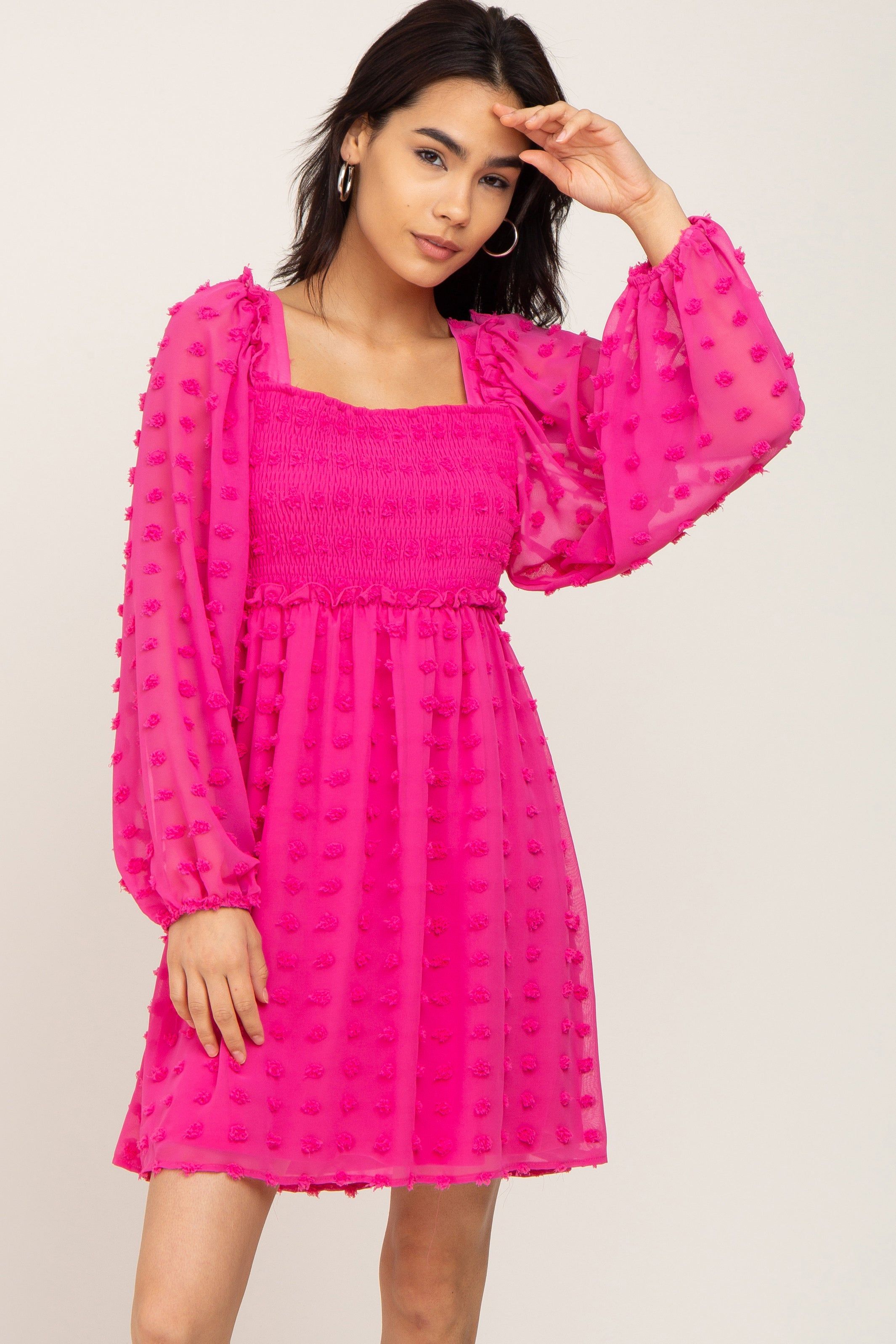 Fuchsia Swiss Dot Smocked Dress sold by Pinkblush