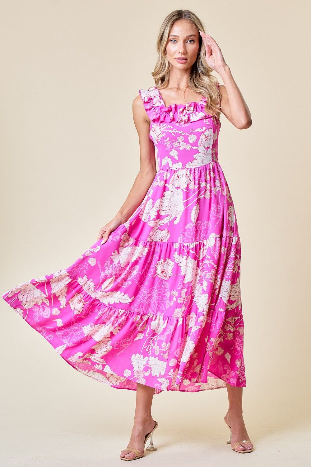 Pink Ruffled Square Neck Floral Midi Dress sold by Pinkblush