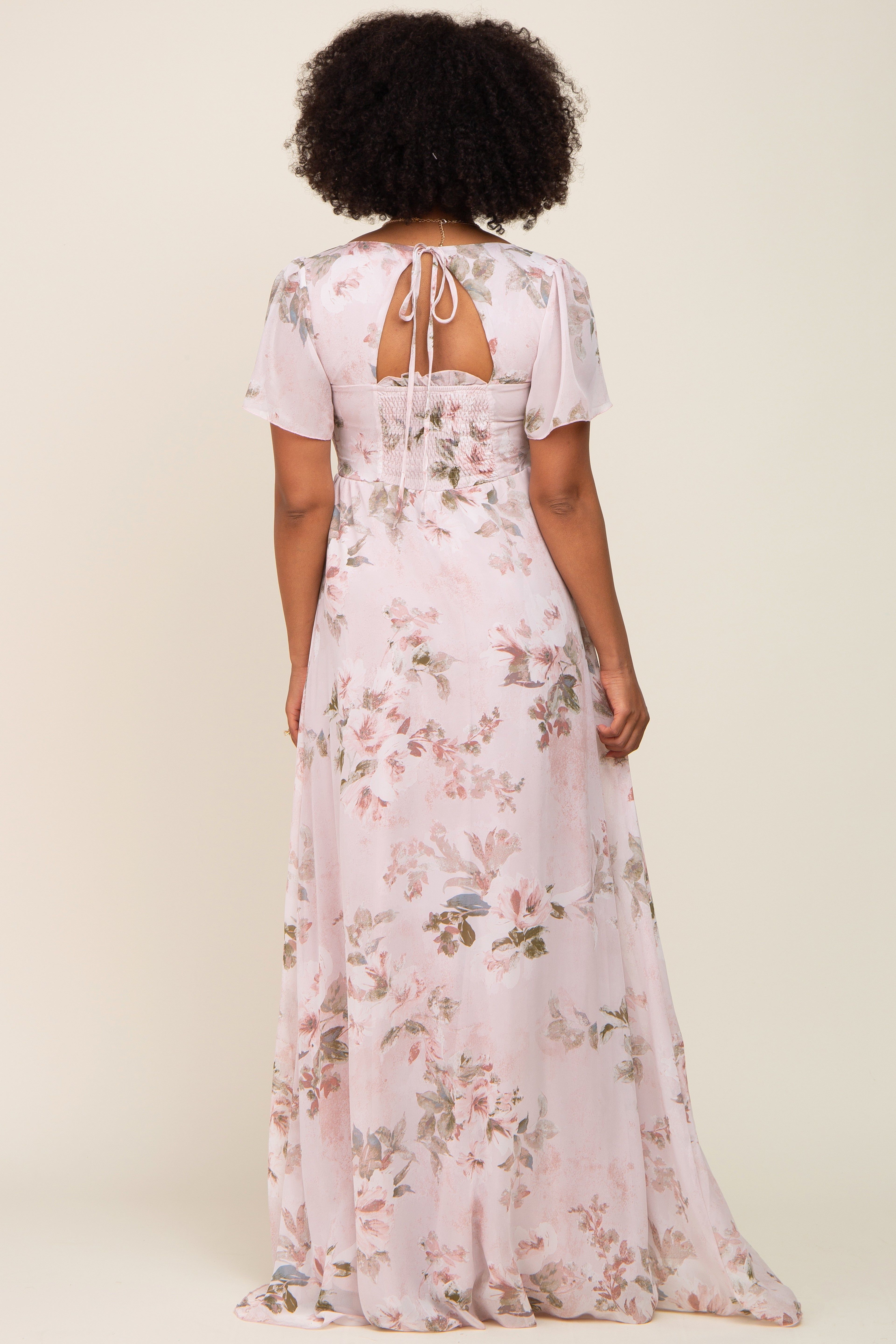 Light Pink Floral Chiffon Smocked Short Sleeve Maxi Dress sold by Pinkblush product image thumbnail 3