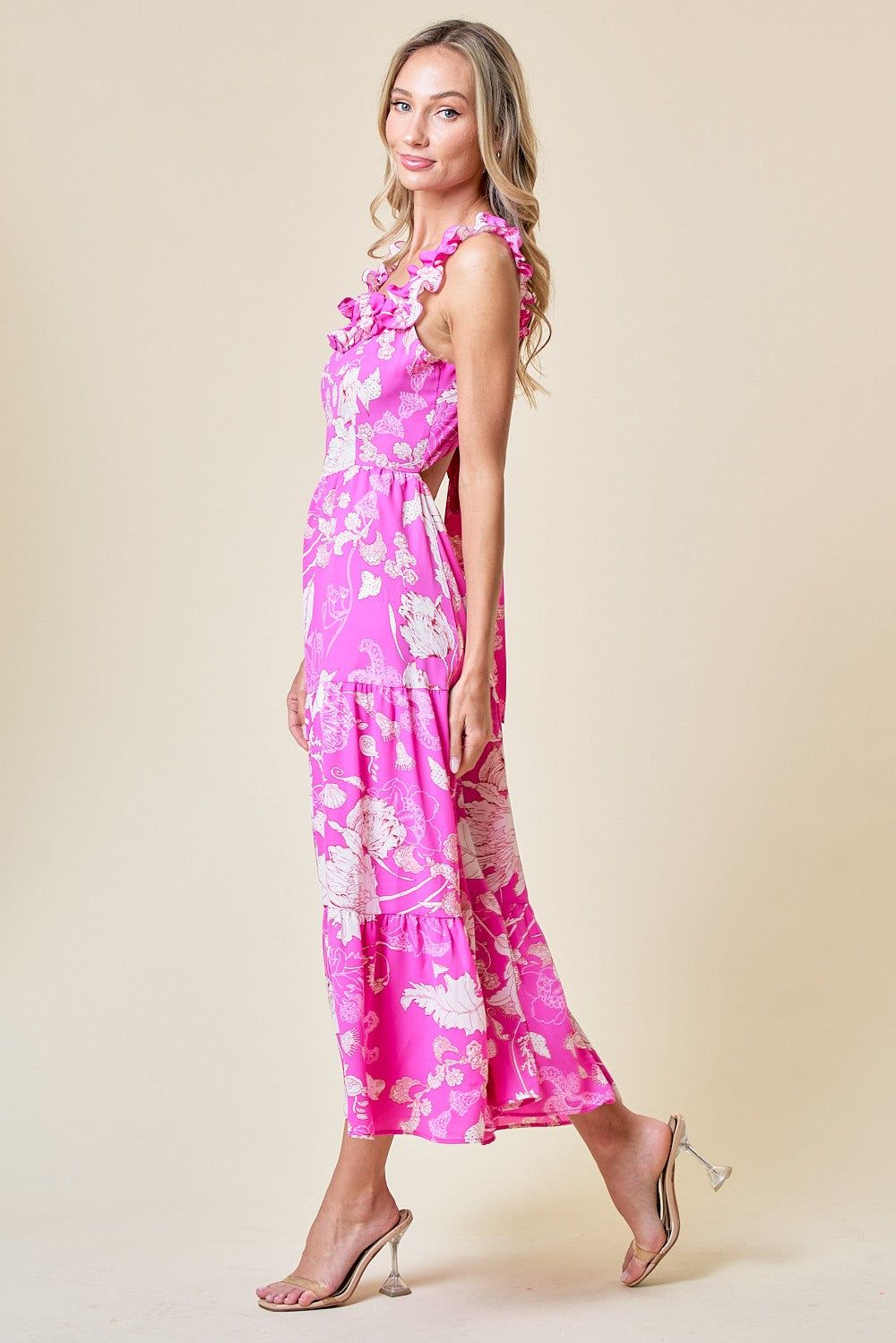 Pink Ruffled Square Neck Floral Midi Dress sold by Pinkblush product image thumbnail 2