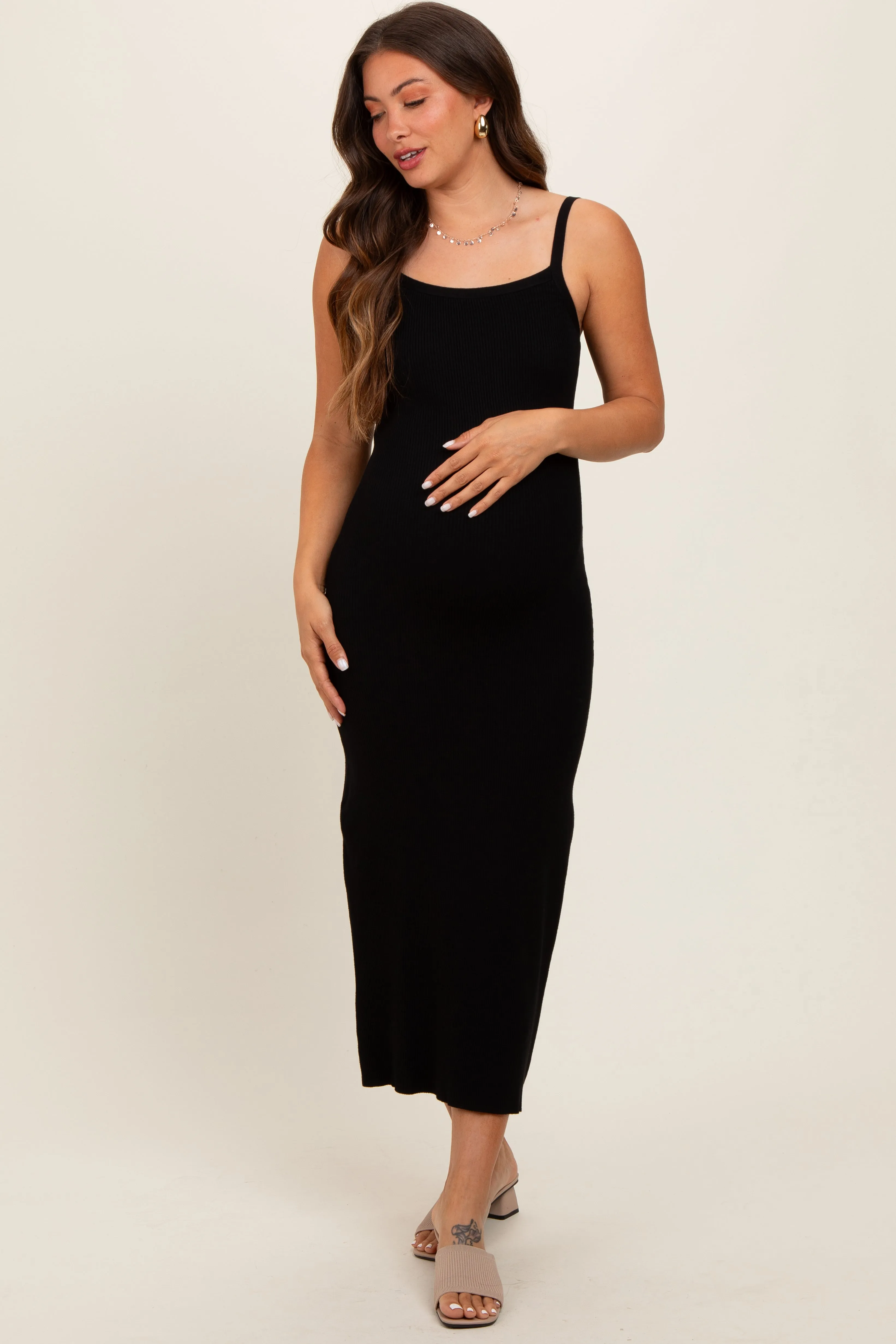 Black Knit Open Tie Back Maternity Midi Dress sold by Pinkblush product image thumbnail 2