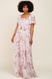 Light Pink Floral Chiffon Smocked Short Sleeve Maxi Dress sold by Pinkblush