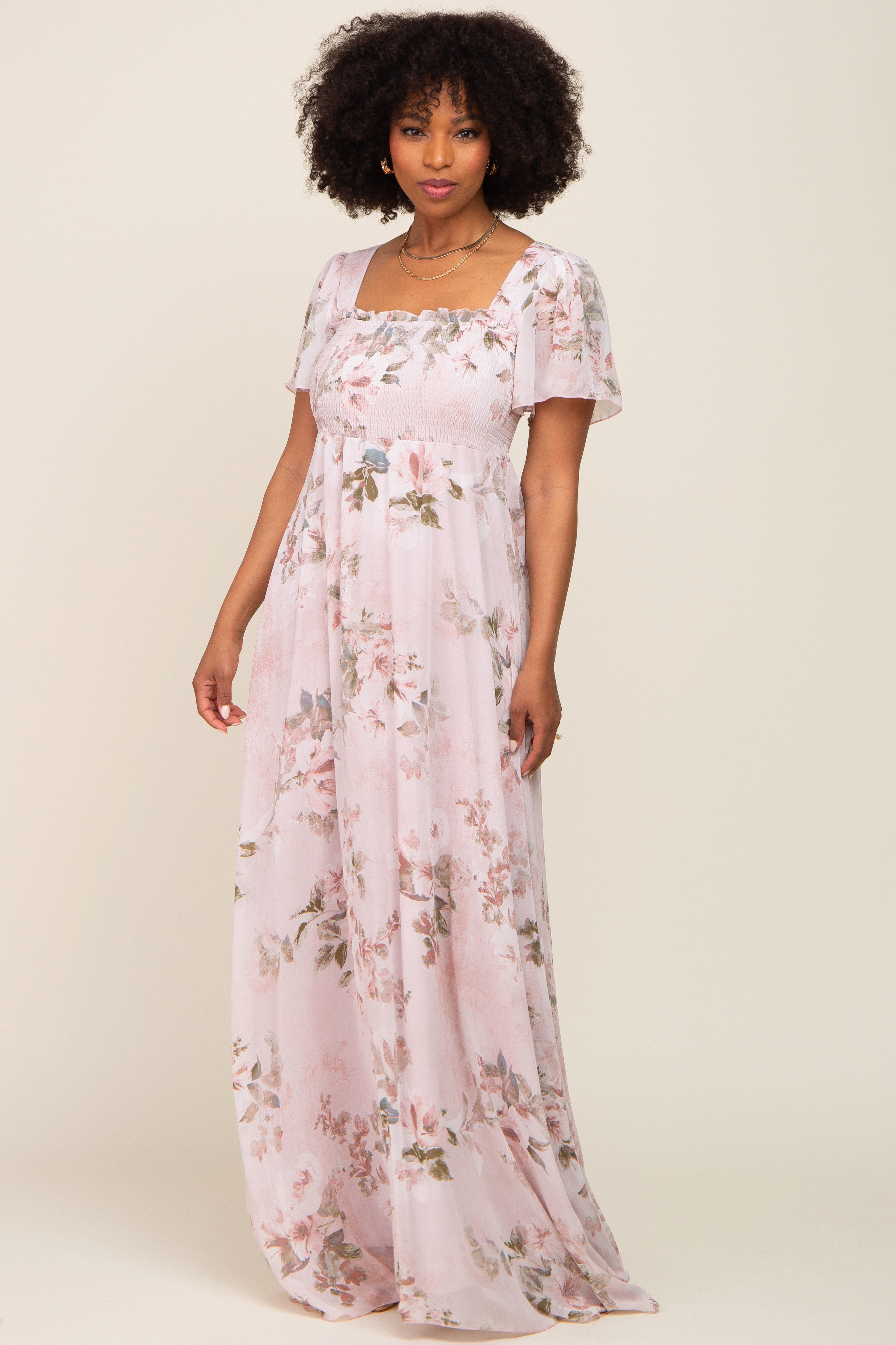 Light Pink Floral Chiffon Smocked Short Sleeve Maxi Dress sold by Pinkblush product image thumbnail 4