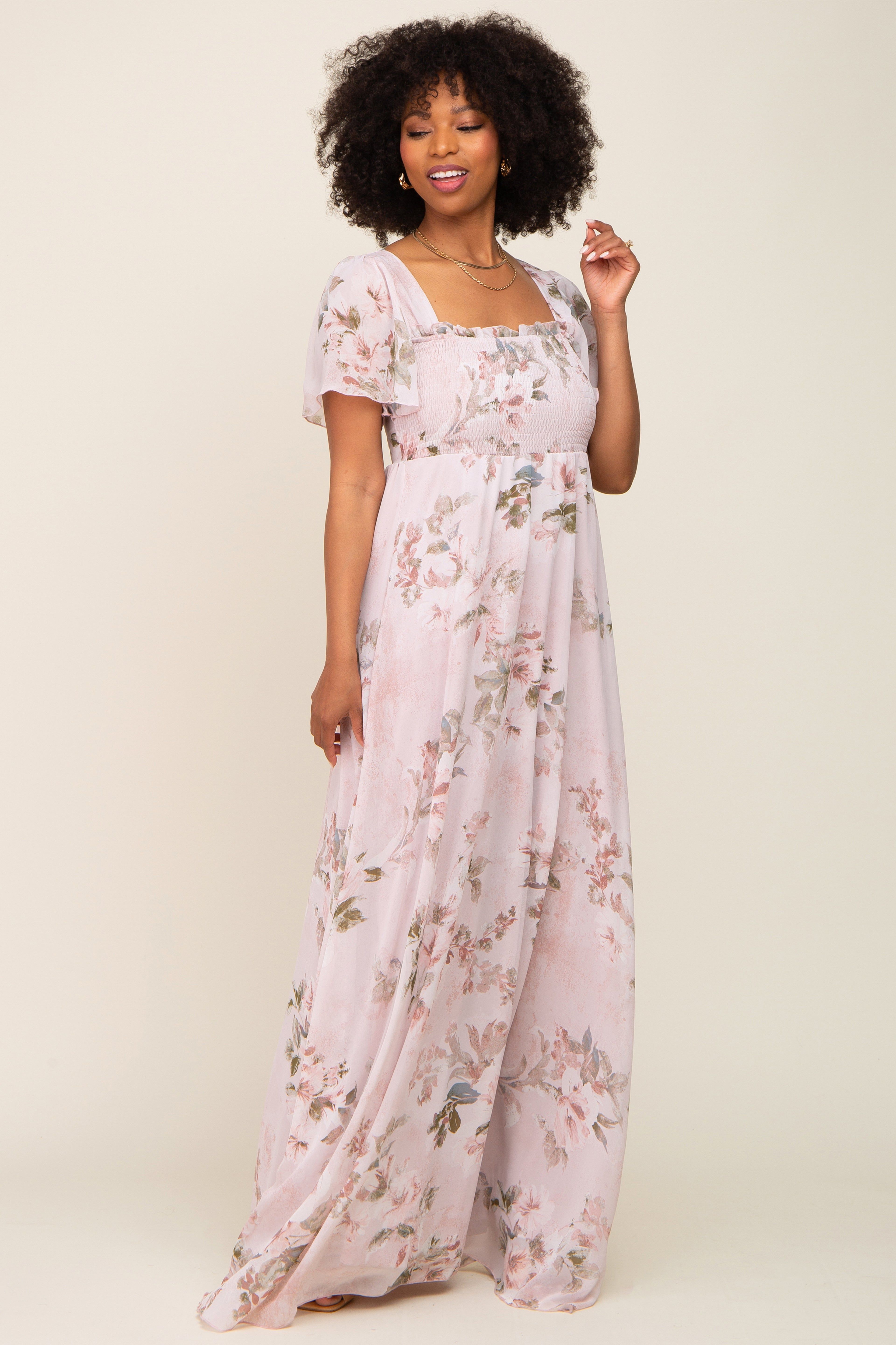 Light Pink Floral Chiffon Smocked Short Sleeve Maxi Dress sold by Pinkblush