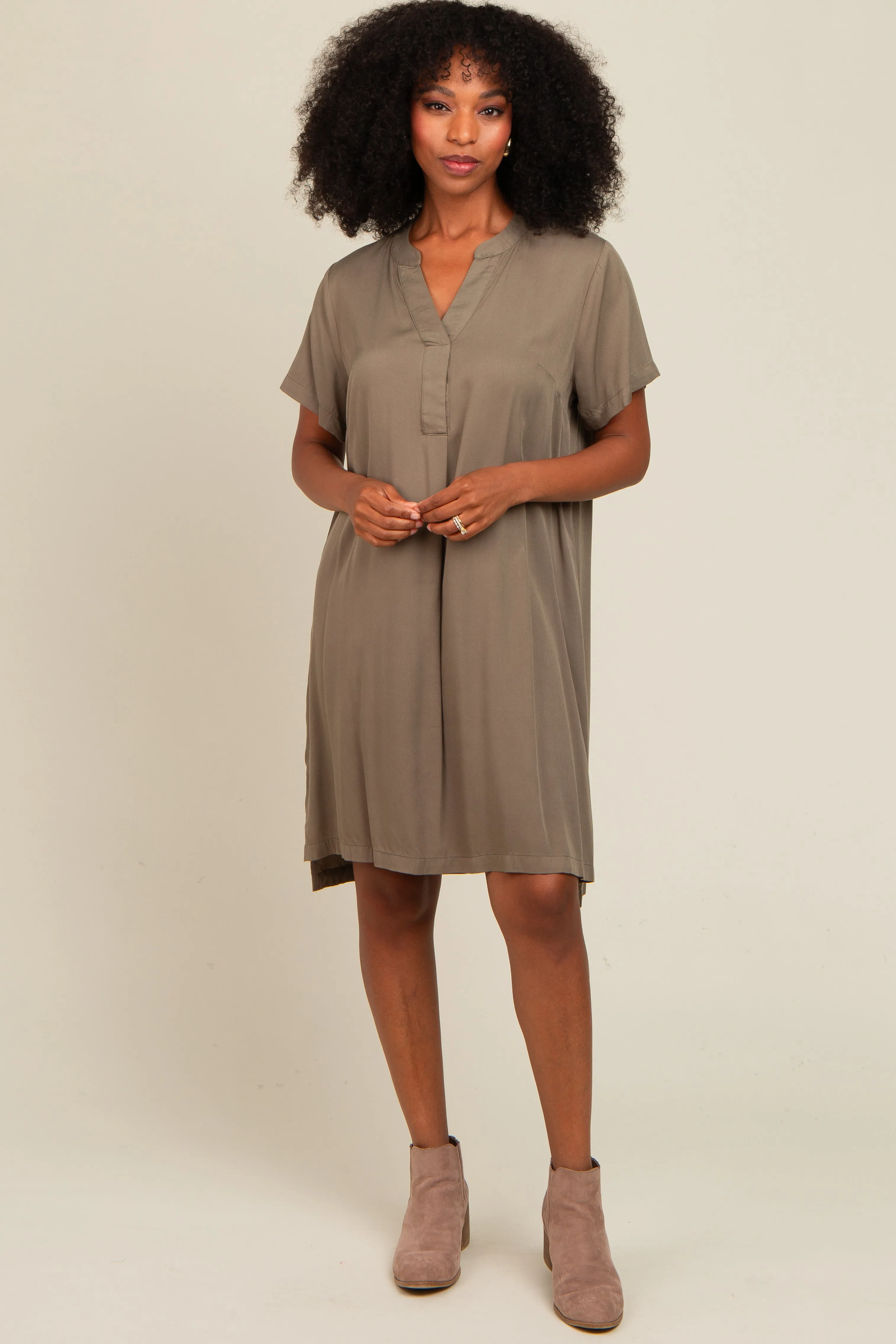 Olive V-Neck Basic Shirt Dress sold by Pinkblush product image thumbnail 2