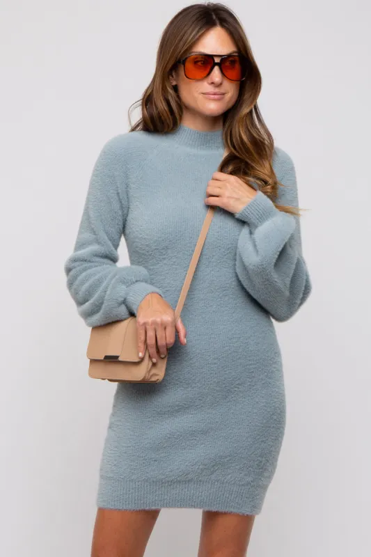 Light Blue Fuzzy Knit Puff Sleeve Sweater Dress sold by Pinkblush