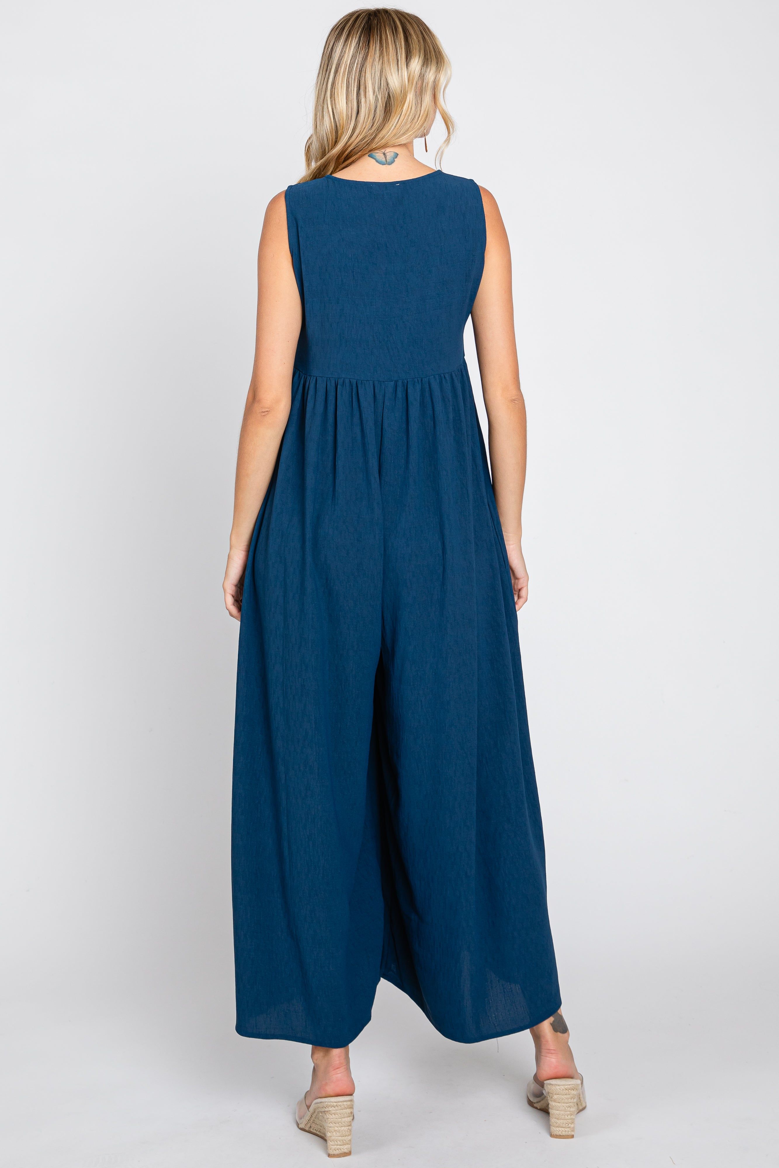 Navy Blue Button Front WIde Leg Jumpsuit sold by Pinkblush product image thumbnail 3