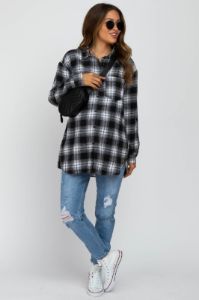 White Black Plaid Button Down Maternity Top sold by Pinkblush