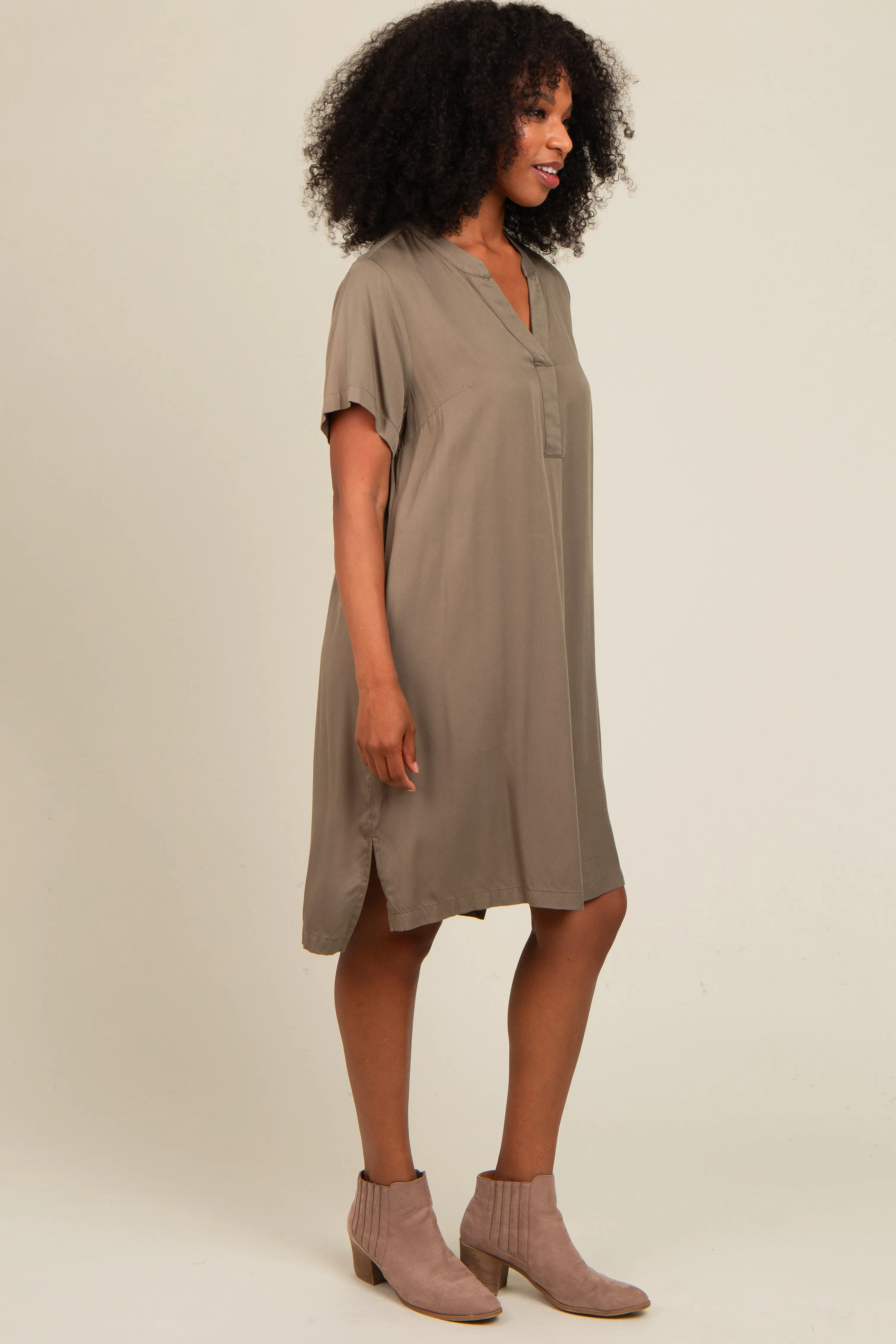 Olive V-Neck Basic Shirt Dress sold by Pinkblush product image thumbnail 3