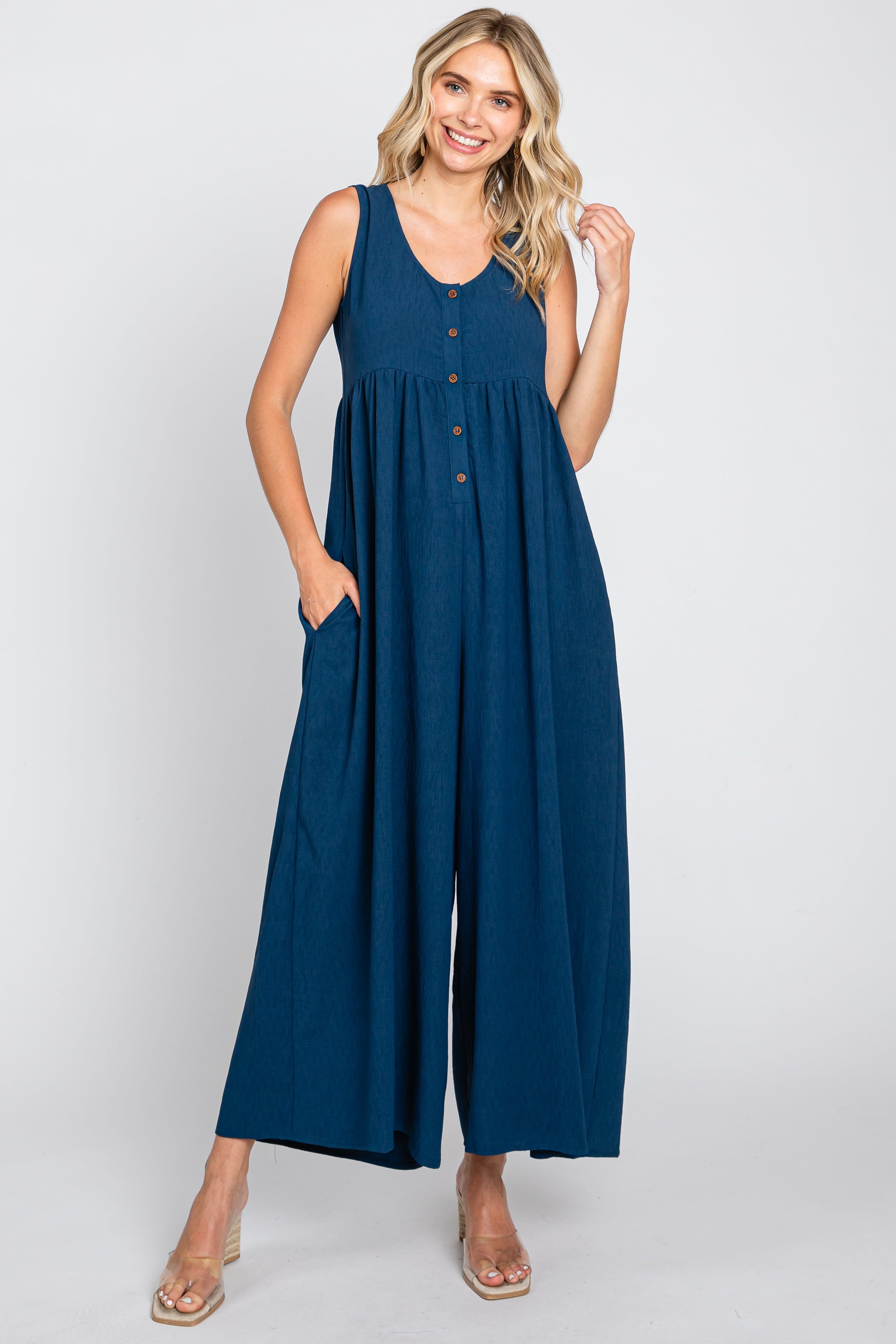 Navy Blue Button Front WIde Leg Jumpsuit sold by Pinkblush
