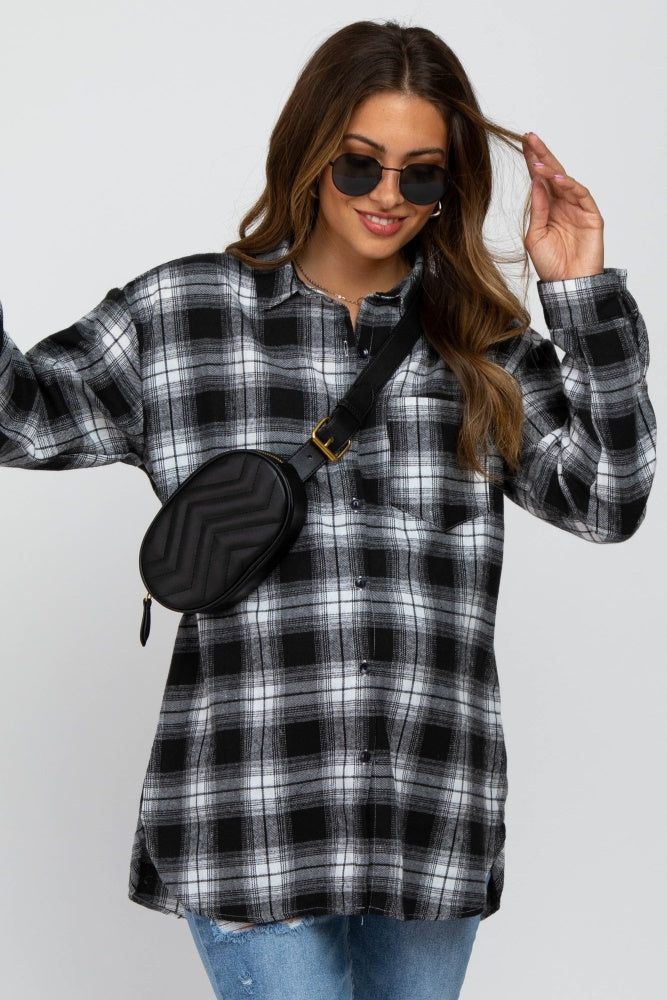 White Black Plaid Button Down Maternity Top sold by Pinkblush