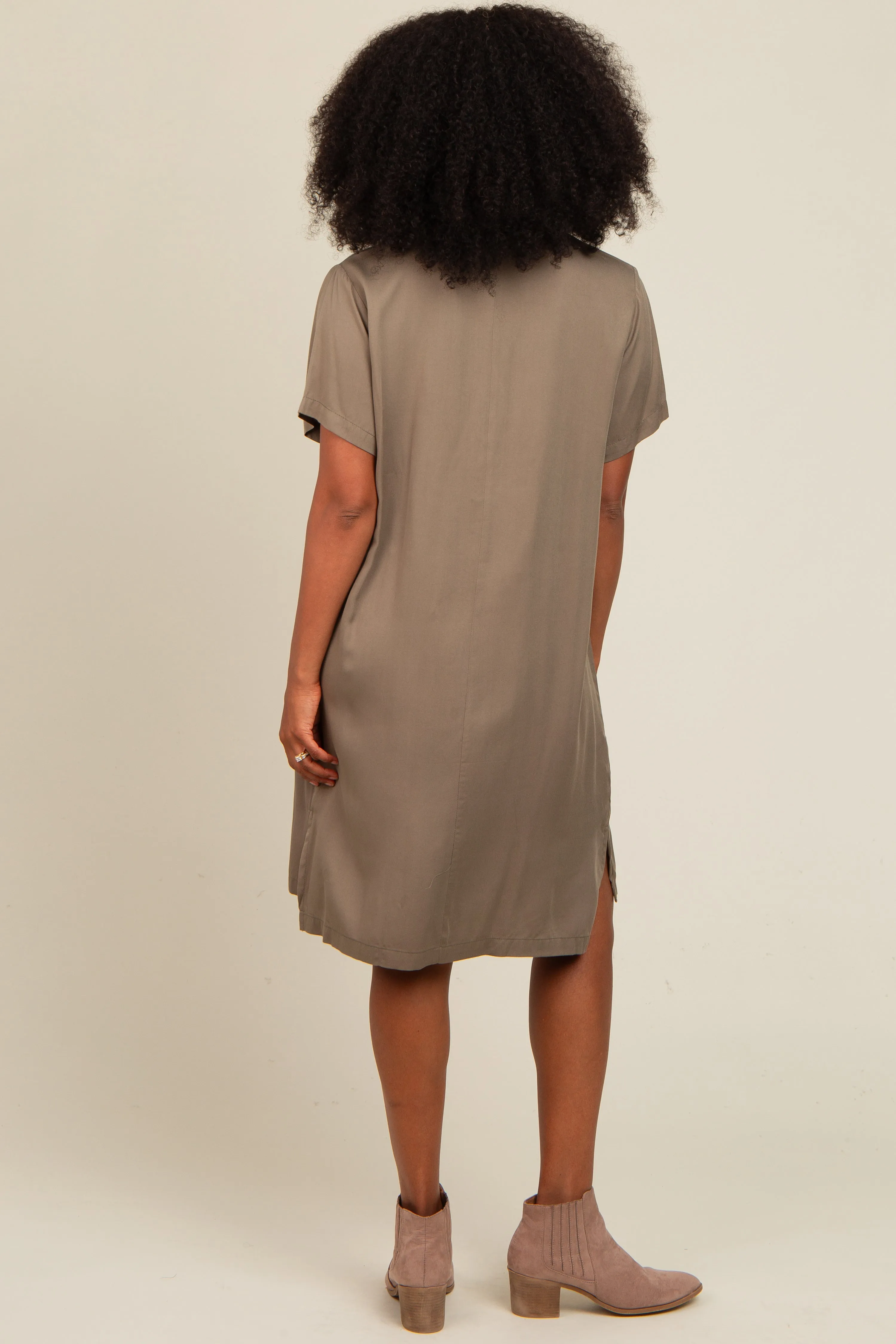 Olive V-Neck Basic Shirt Dress sold by Pinkblush product image thumbnail 4