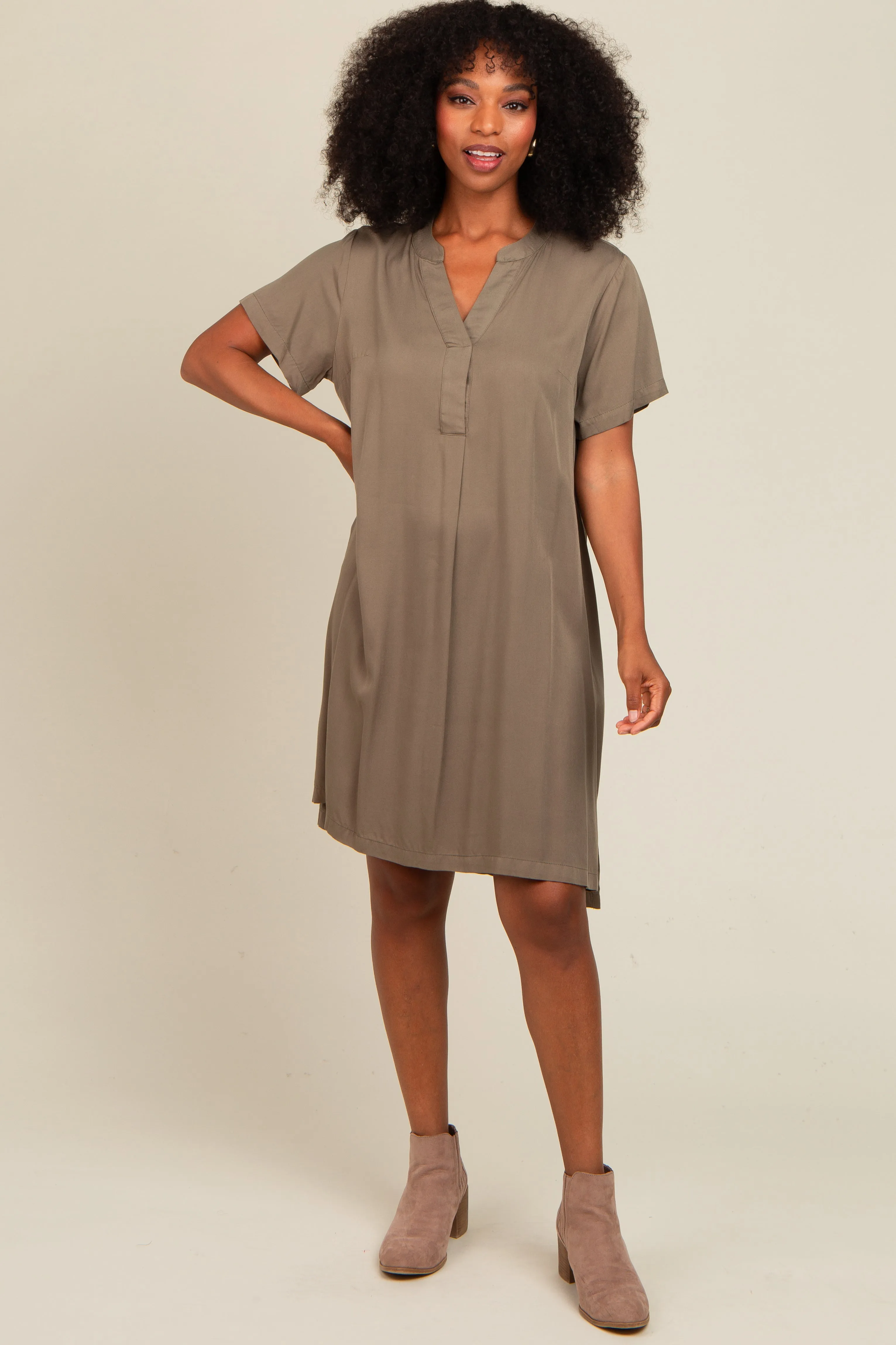 Olive V-Neck Basic Shirt Dress sold by Pinkblush