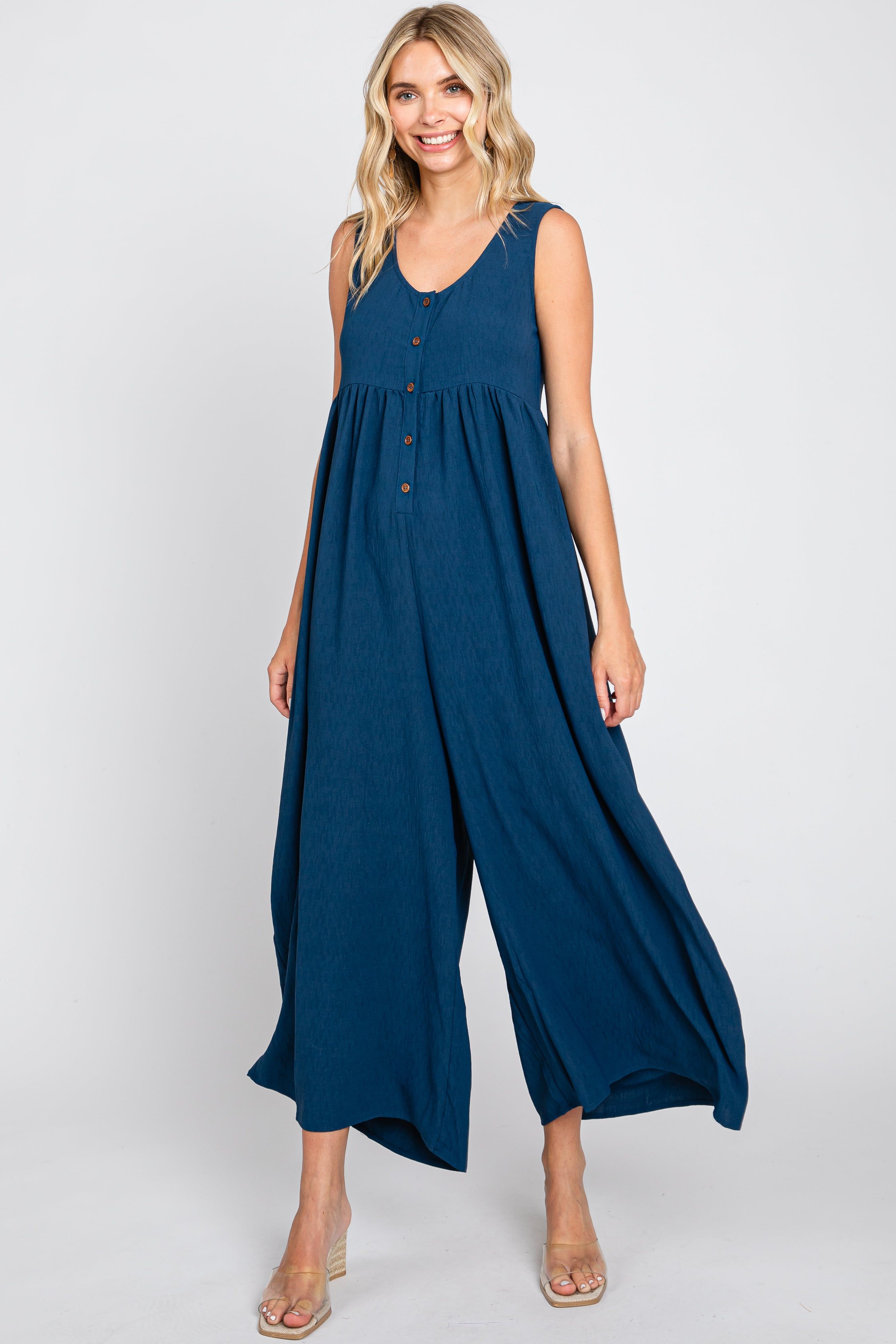 Navy Blue Button Front WIde Leg Jumpsuit sold by Pinkblush product image thumbnail 5