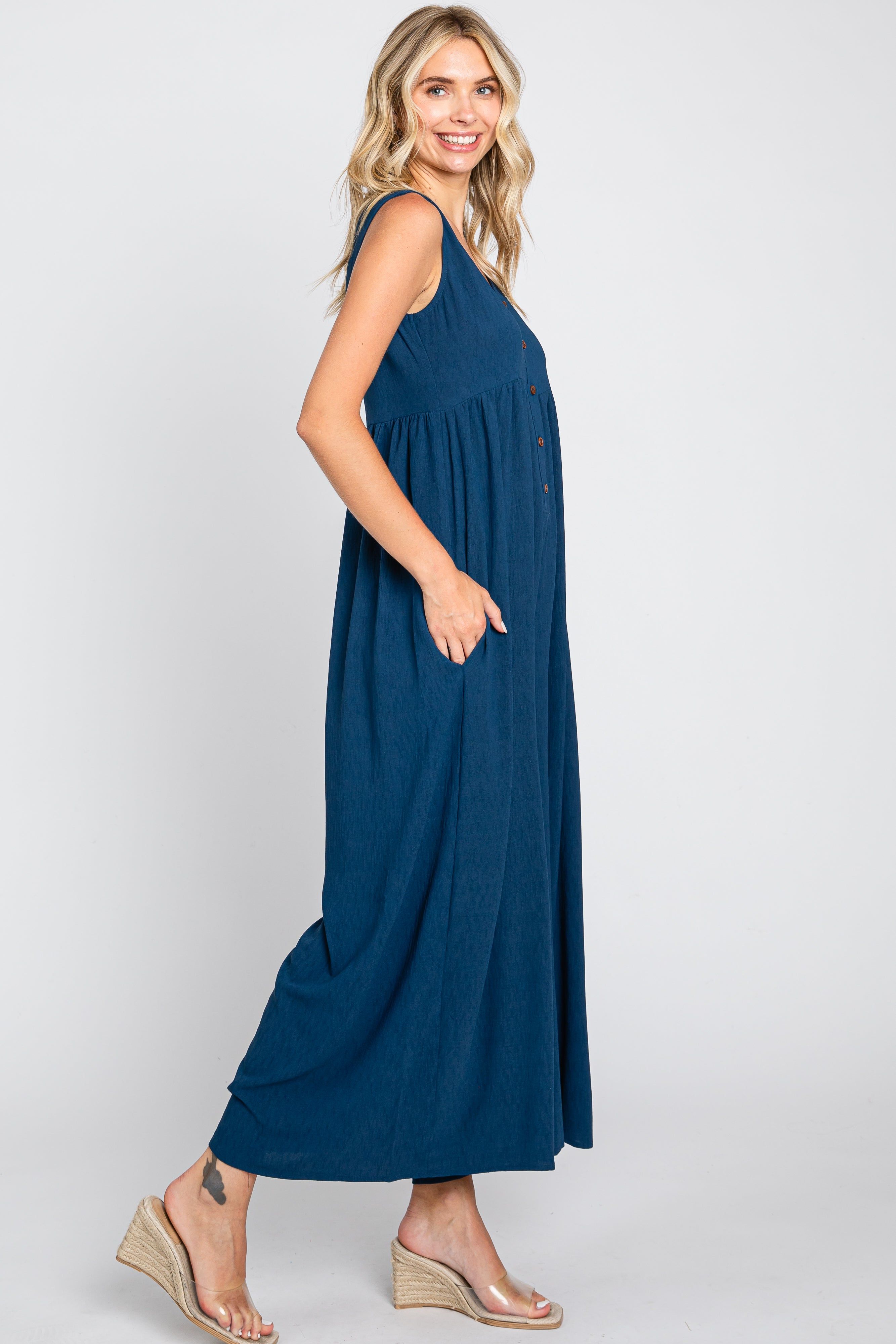 Navy Blue Button Front WIde Leg Jumpsuit sold by Pinkblush product image thumbnail 2