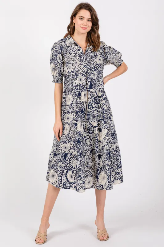 Navy Blue Floral Collared Tiered Midi Dress sold by Pinkblush